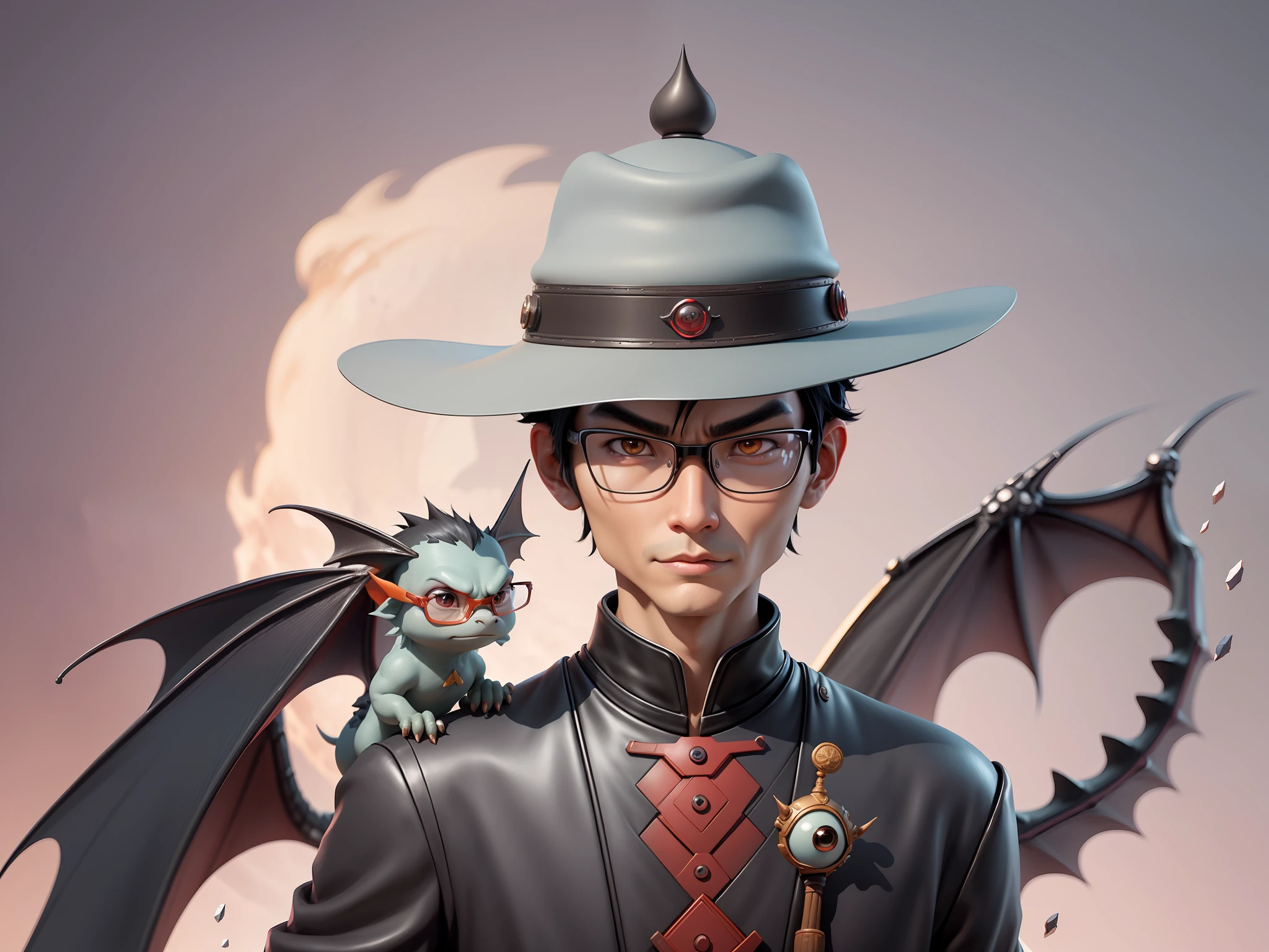 Young man with oriental face in leather hat, dragon, formal suit, short black hair, silver glasses, digital painting, 3D character design by Mark Clairedon and Pixar and Hayao Miyazaki and Akira Toriyama, the illustration is a high-definition illustration in 4K resolution with very detailed facial features and cartoon-style visuals.