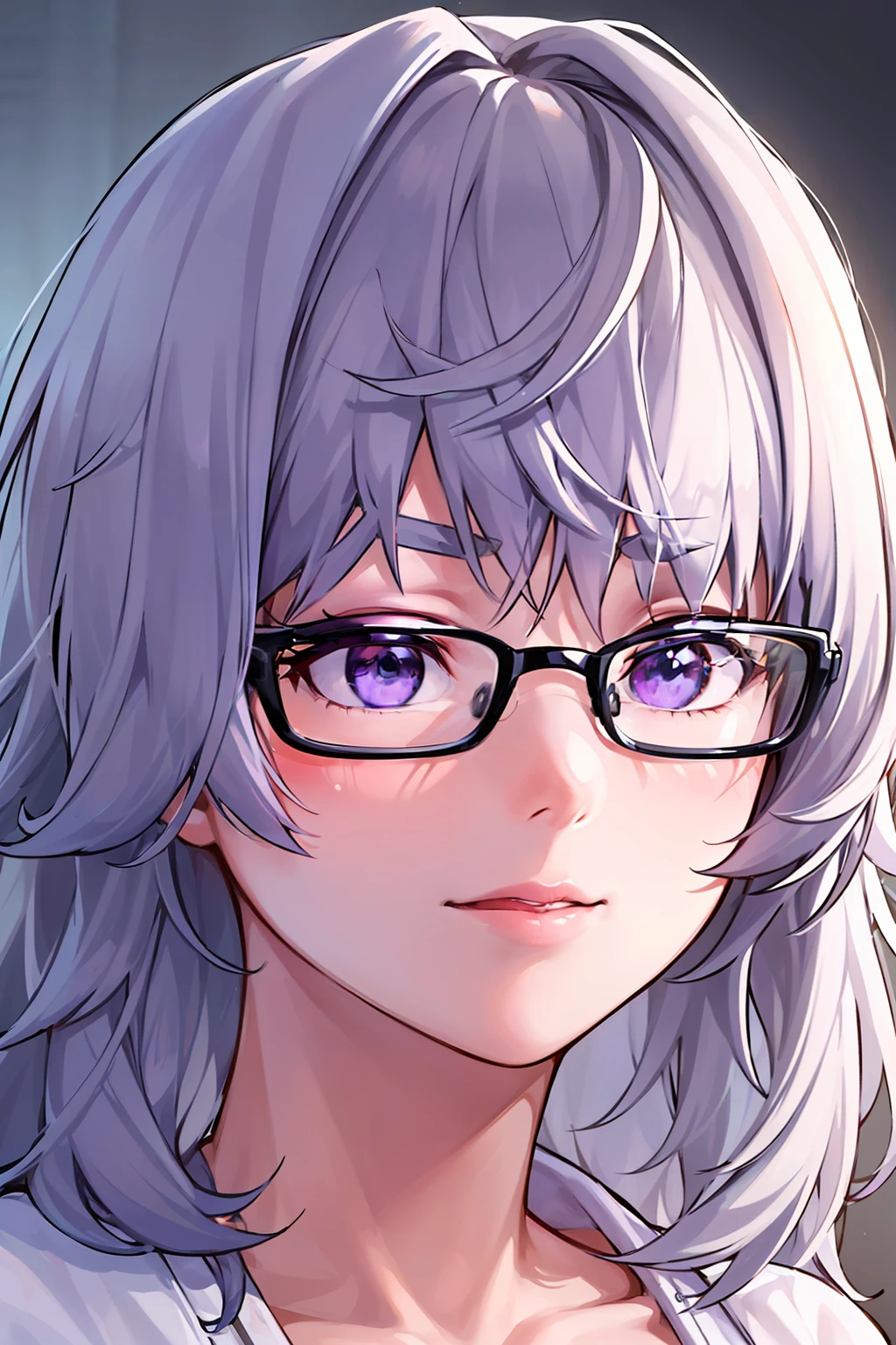 1girl, 1girl,(best quality, high quality, high resolution), realistic, ultra-detailed, highly detailed face features, absurdres,  realistic lighting and reflections, highly detailed face features, see through shirt, best photo,high quality illustration, purple hair, eyeglasses, messy short hair