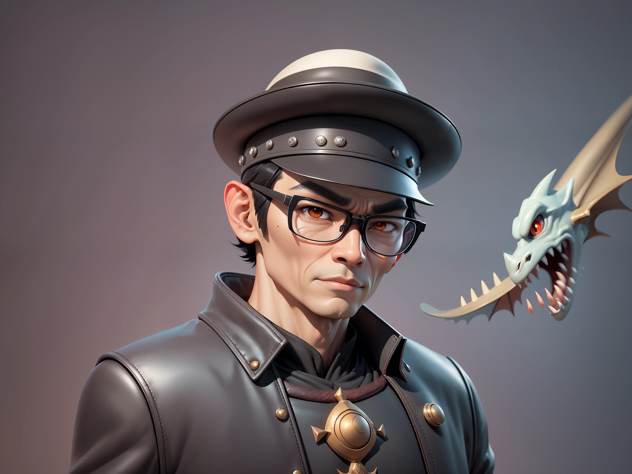 Young man with oriental face in leather hat, dragon, formal suit, short black hair, silver glasses, digital painting, 3D character design by Mark Clairedon and Pixar and Hayao Miyazaki and Akira Toriyama, the illustration is a high-definition illustration in 4K resolution with very detailed facial features and cartoon-style visuals.