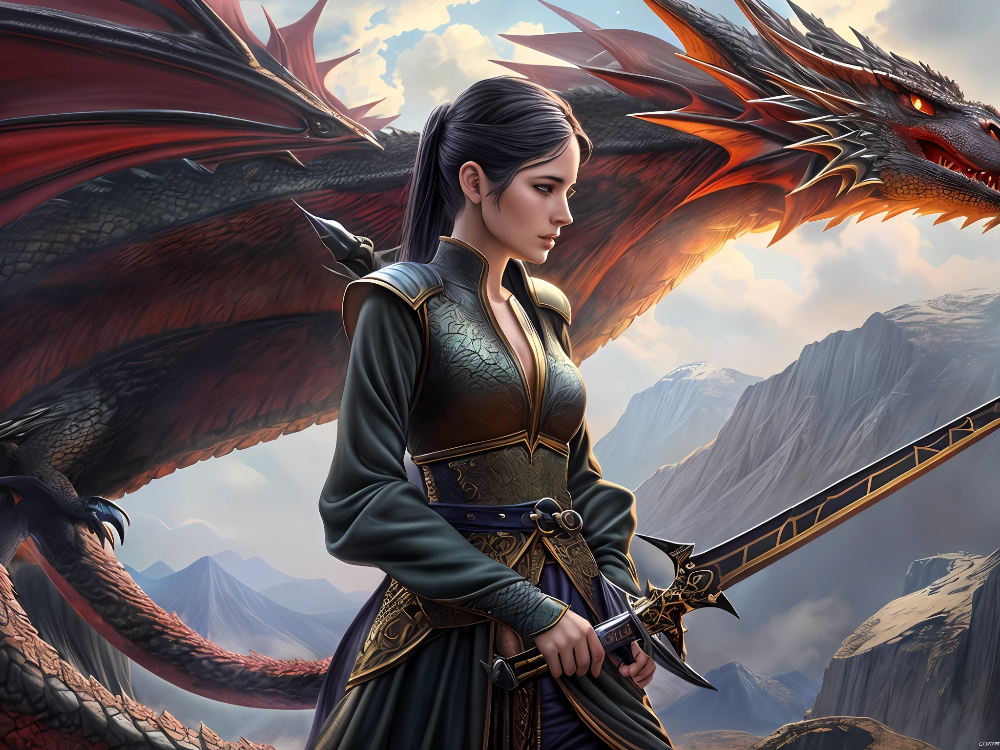 there is a woman holding a sword and a dragon in the background, 4k fantasy art, epic fantasy digital art style, graphic artist magali villeneuve, 8k fantasy art, epic fantasy art style, epic fantasy art style hd, epic fantasy style art, realistic fantasy artwork, alena aenami and artgerm, high quality fantasy art, detailed fantasy art