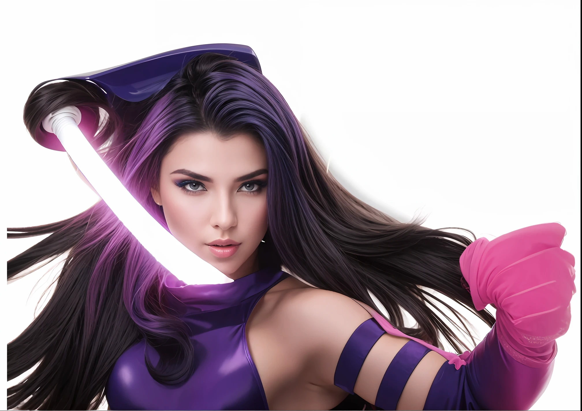 4k, mulher sexy, cabelo roxo, traje azul escuro, segurando espada.