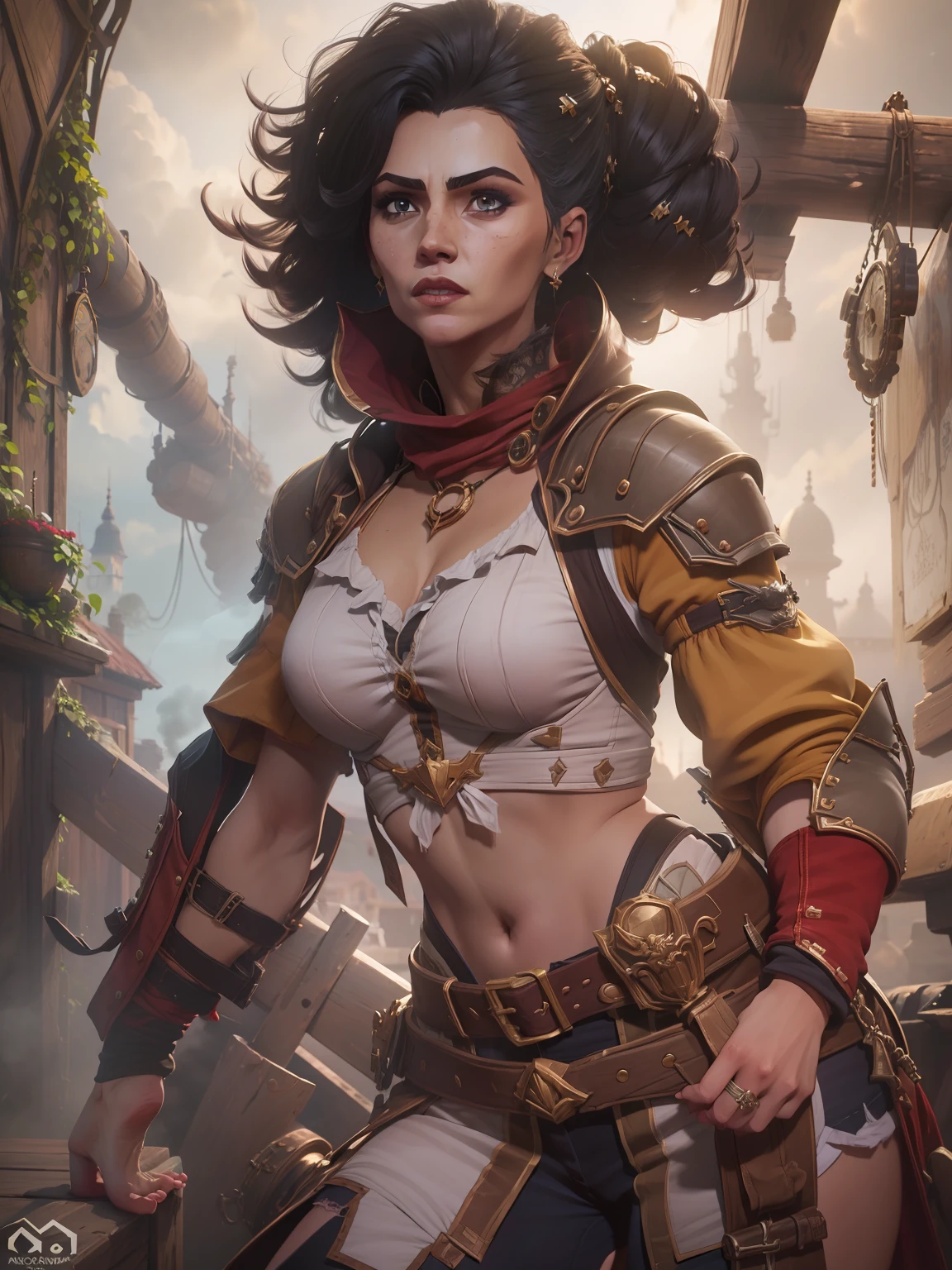 (4k, Melhor qualidade, 3:4 perfil, obra prima, fundo desfocado) 1 mulher, aventureira, roupas leves, armadura leve, coberta, sobretudo, roupas detalhadas, cabelo pretos, fumando, bela.