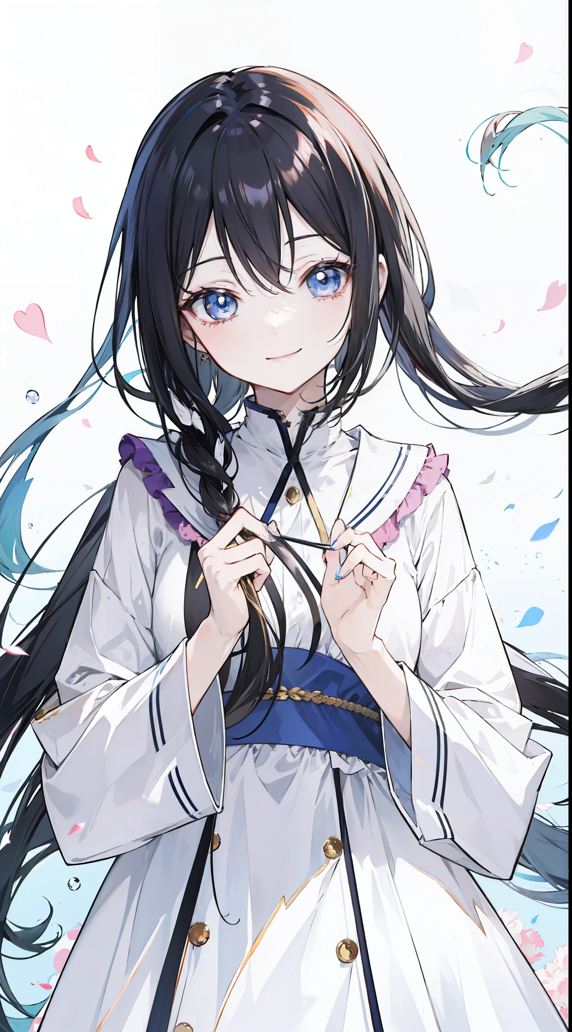 "an anime girl with very long flowing black hair, smiling warmly"