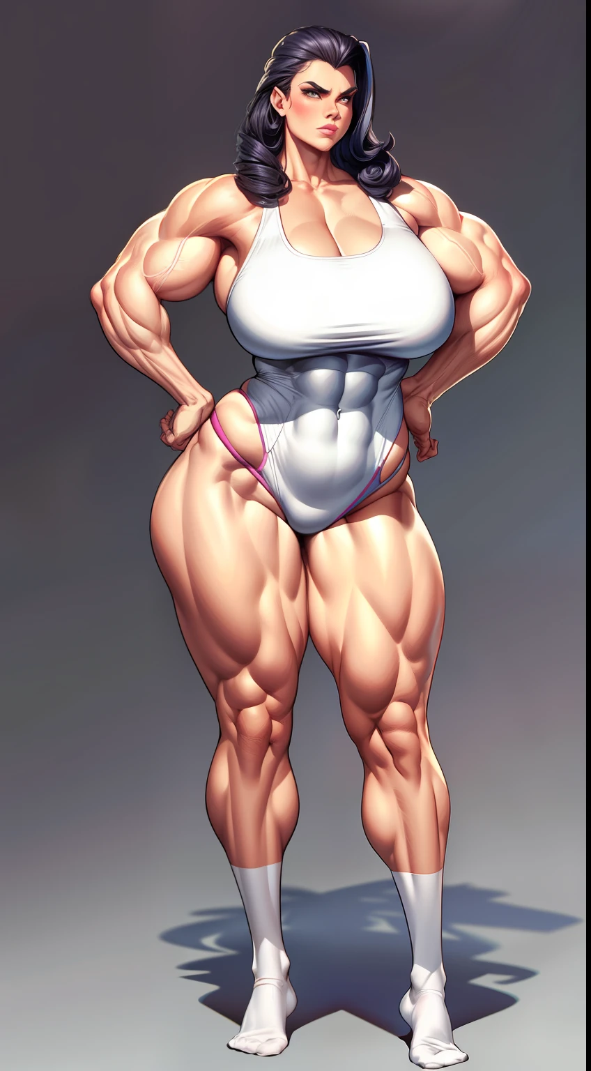 tmasterpiece,Burly woman,Exaggerated large muscles,White sport stockings ,without wearing shoes,standing on your feet, beautiful attractive face,Full body like, Single female,Very fair skin,Thin waist,Very broad shoulders, Strong and powerful arms,Stout arms,Strong and powerful leg muscles,looking to the camera,