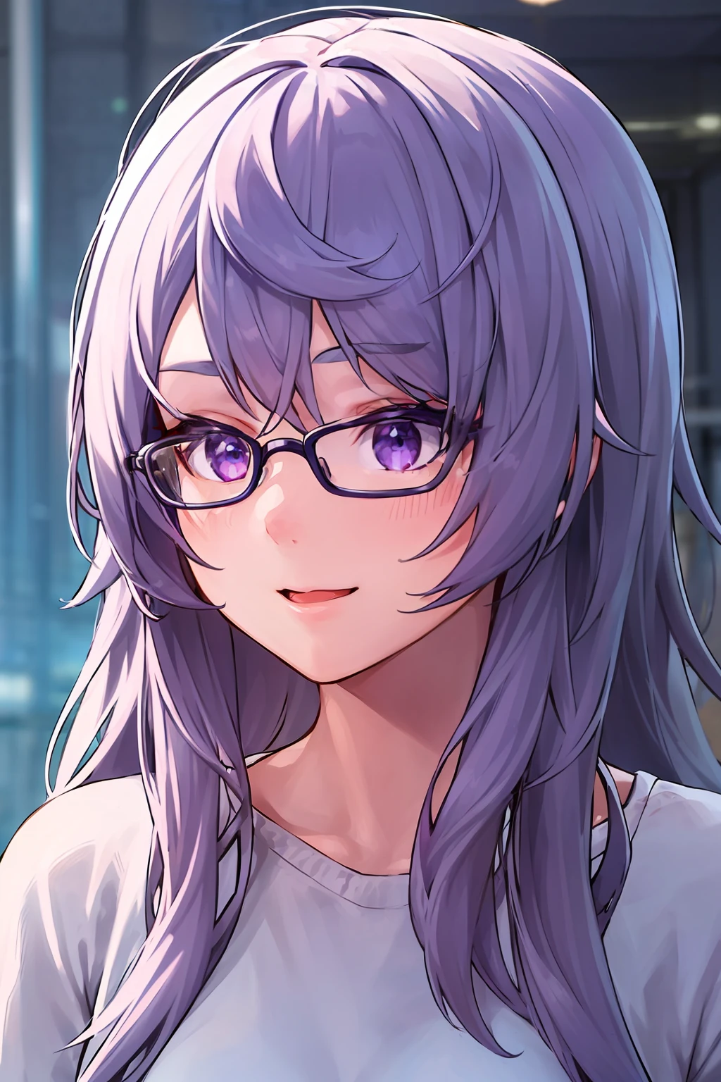 1girl, 1girl,(best quality, high quality, high resolution), realistic, ultra-detailed, highly detailed face features, absurdres,  realistic lighting and reflections, highly detailed face features, see through shirt, best photo,high quality illustration, purple hair, eyeglasses