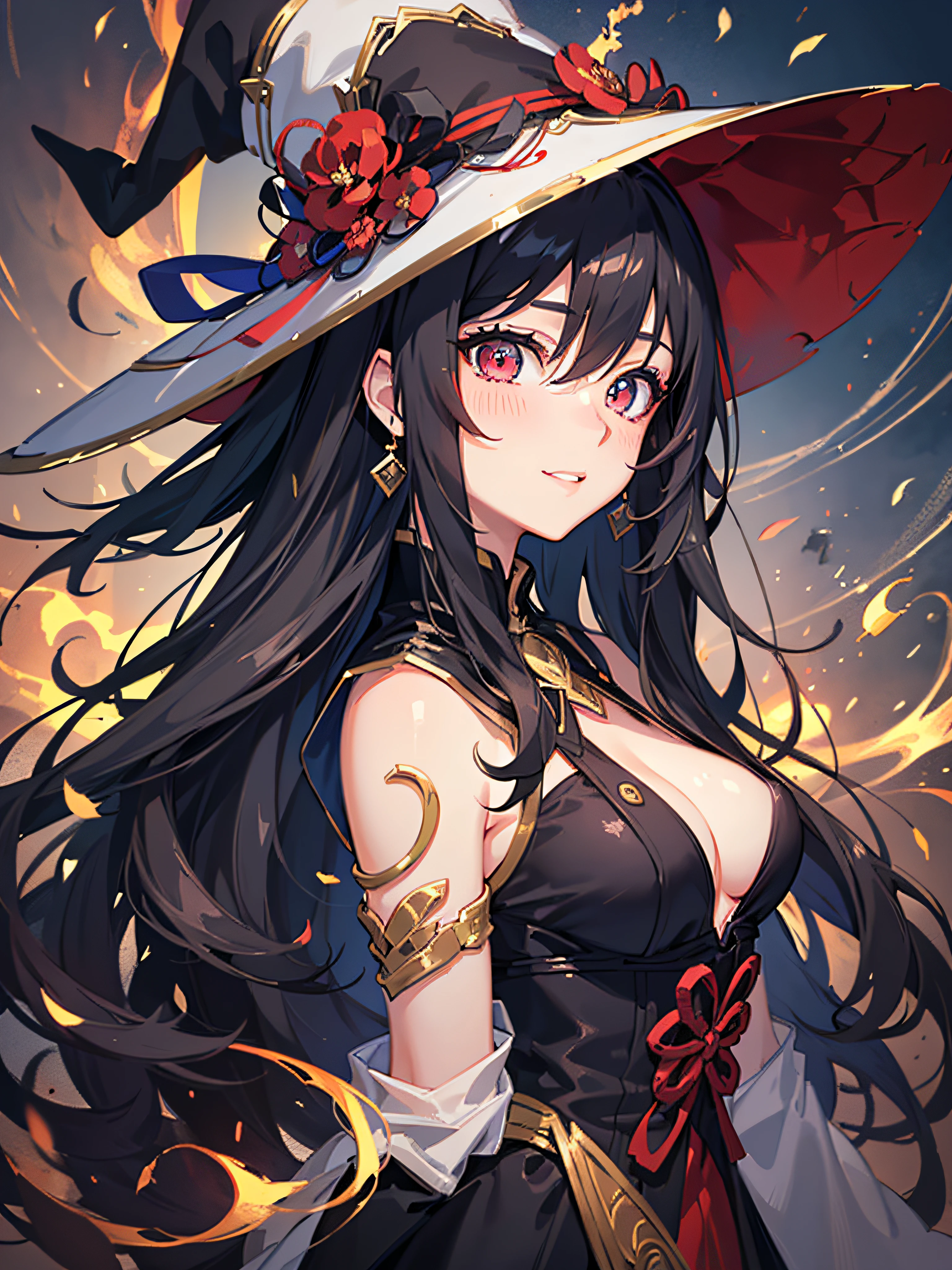 (ultra-detailed, highres, beautiful face, detailed face), (realistic texture:0.9), 1girl, 1women, solo, ethereal beauty, 8k uhd, 8k wallpaper, (smooth effect:1.2), smooth anime CG, (detailed eyes, beautiful eyes, perfect eyes:1.4), (red eyes), long hair, slightly wavy hair, black hair, detailed hair, parted bangs, anime style, japanese characters, black dress, (breasts:1.4), 20 years old, older sisters, (magic effect, abstract backgroud, fire flame, magus) witch, (witch hat), RTX, looking at viewer, (blushing:1.2), beautiful, beautiful anime girl, (detailed face:1.2), showcase, (photorealistic:1.0), beautiful smile, (perfect body)