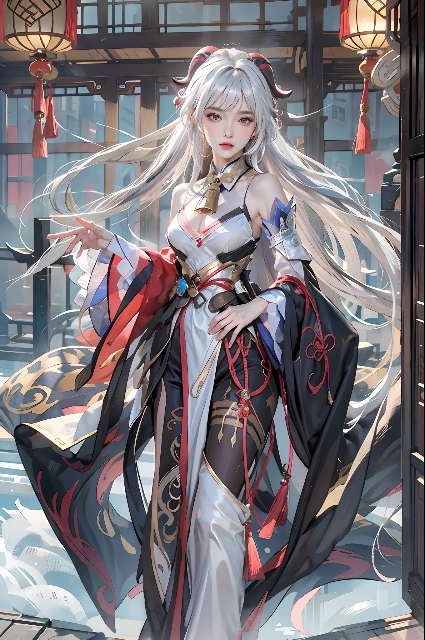 photorealistic, high resolution, 1women, solo, hips up, look at viewer, (detailed face), narrow waist, closed lips, white hair, long hair,ganyu \(genshin impact\), bangs, bare shoulders, bell, black gloves, black pantyhose, blush, breasts, chinese knot, horn, detached sleeves, jewelry