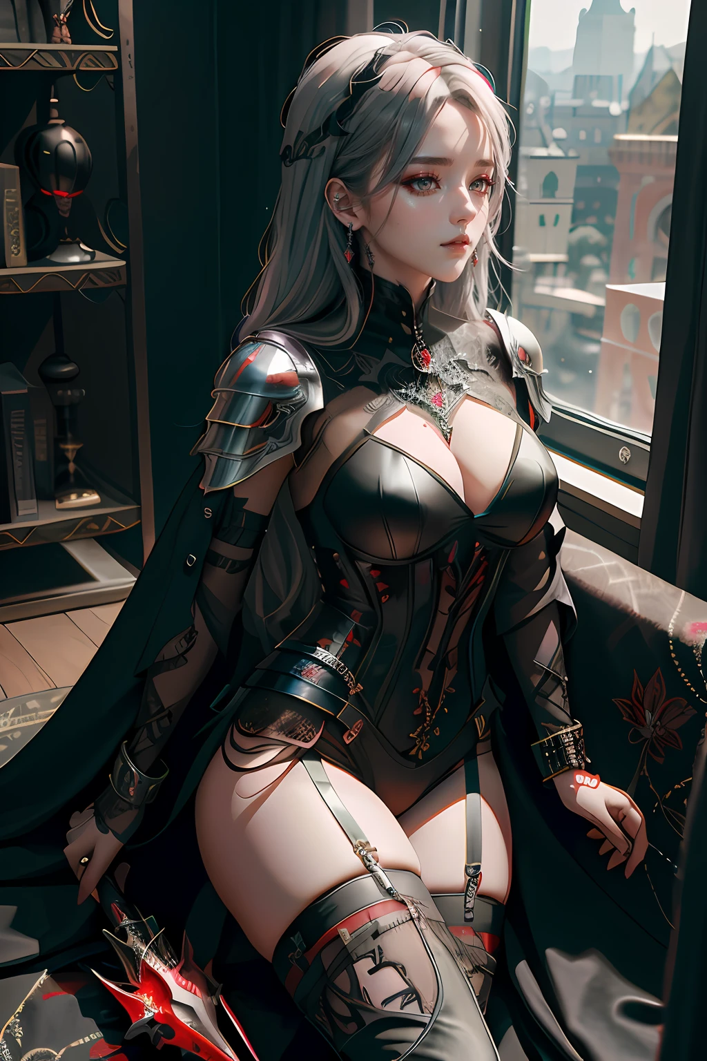 woman medieval knight wearing black shining sexy armor have some red line on outfit ,silver hair and cute elegant lusful face ,fishnet in outfit,