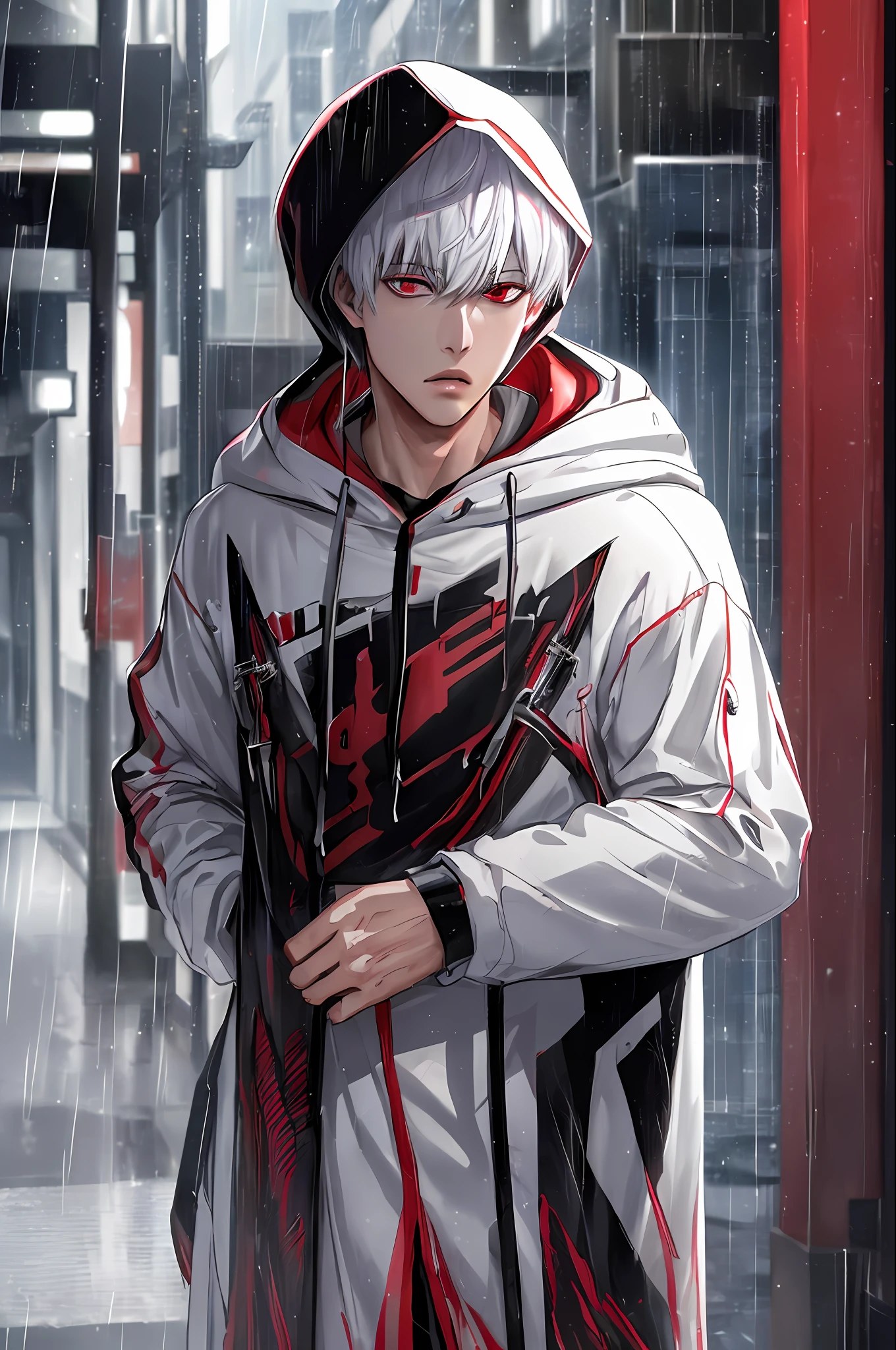 kk, best quality, more details, masterpiece, 1boy, kaneki ken, portrait, male focus, red eyes, solo, bangs, looking at viewer, hood, short hair, rain, tokyo tokyo \(city\), hood up, nail polish, white hair, luxurious, 8k, detailed, ray tracing, depth of field, cinematic lighting,