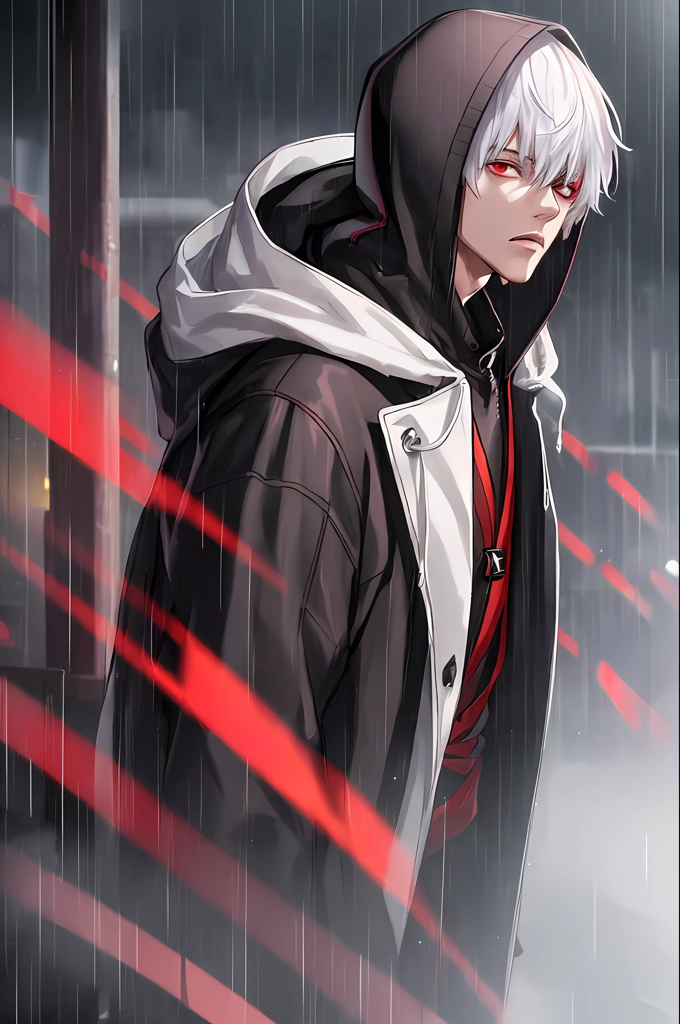 kk, best quality, more details, masterpiece, 1boy, kaneki ken, portrait, male focus, red eyes, solo, bangs, looking at viewer, hood, short hair, rain, tokyo tokyo \(city\),  hood up, nail polish, white hair, luxurious, 8k, detailed, ray tracing, depth of field, cinematic lighting,