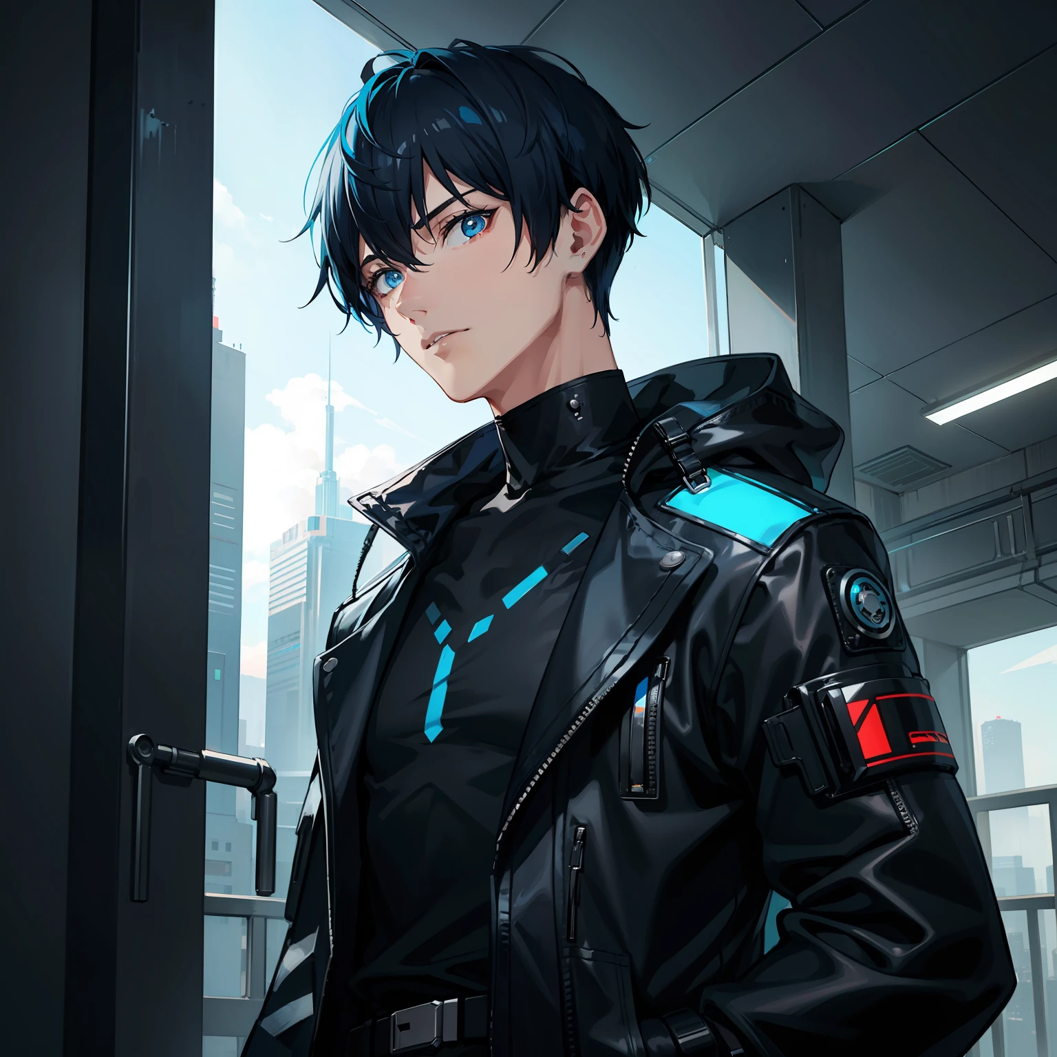 Young man,short hair,blue eye,black and bluehair,short frame,jacket,cyberpunk,scifi,indoors,balcony,villian look