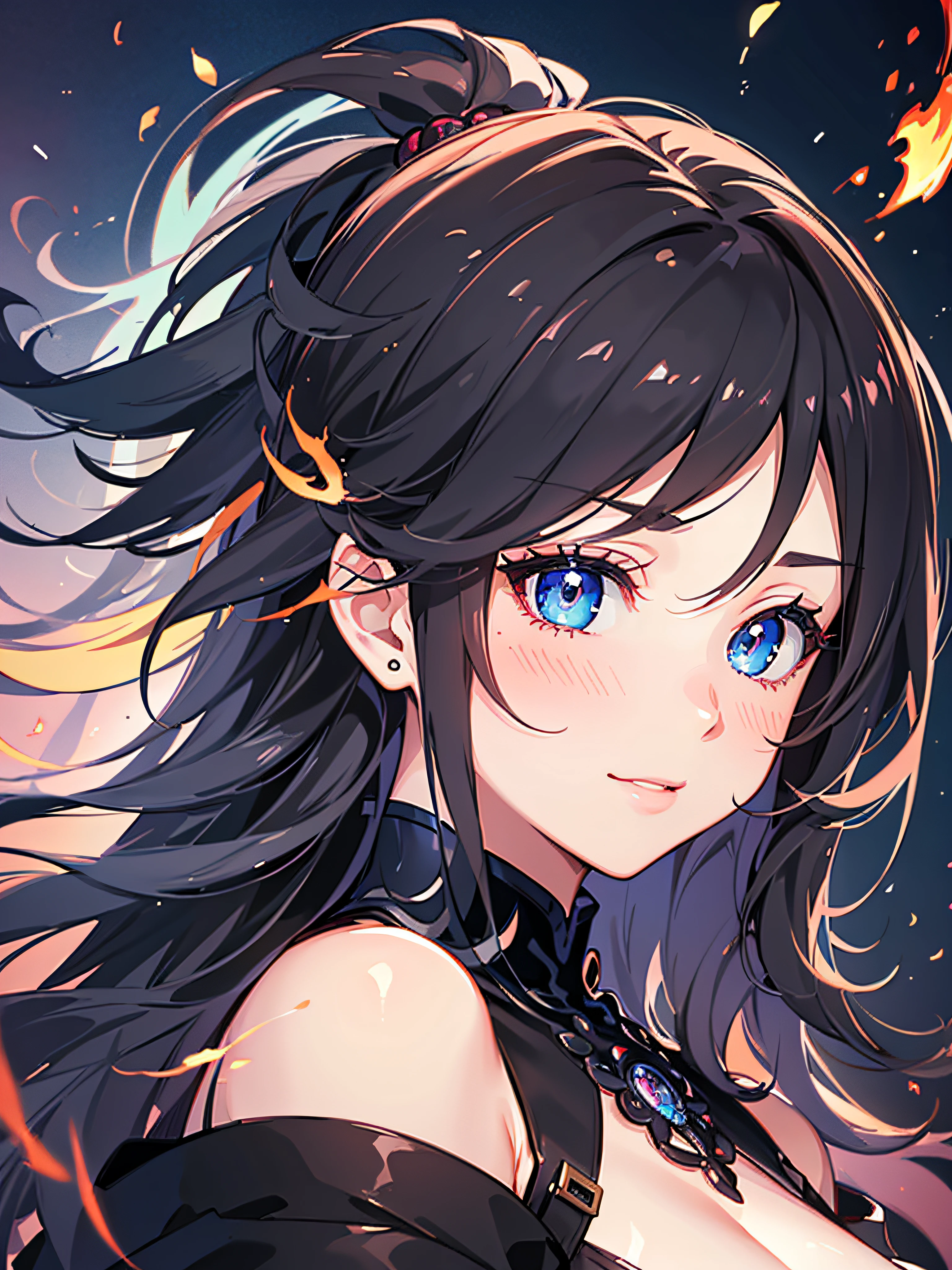 (ultra-detailed, highres, beautiful face, detailed face), (realistic texture:0.9), 1girl, 1women, solo, ethereal beauty, 8k uhd, 8k wallpaper, (smooth effect:1.2), smooth anime CG, (detailed eyes, beautiful eyes, perfect eyes:1.4), (red eyes), long hair, slightly wavy hair, black hair, detailed hair, parted bangs, anime style, japanese characters, black dress, (breasts:1.4), 20 years old, older sisters, (magic effect, abstract backgroud, fire flame, magus) witch, RTX, HDR, looking at viewer, (blushing:1.2), beautiful, beautiful anime girl, (detailed face:1.2), showcase, (photorealistic:1.2), beautiful smile, (perfect body)