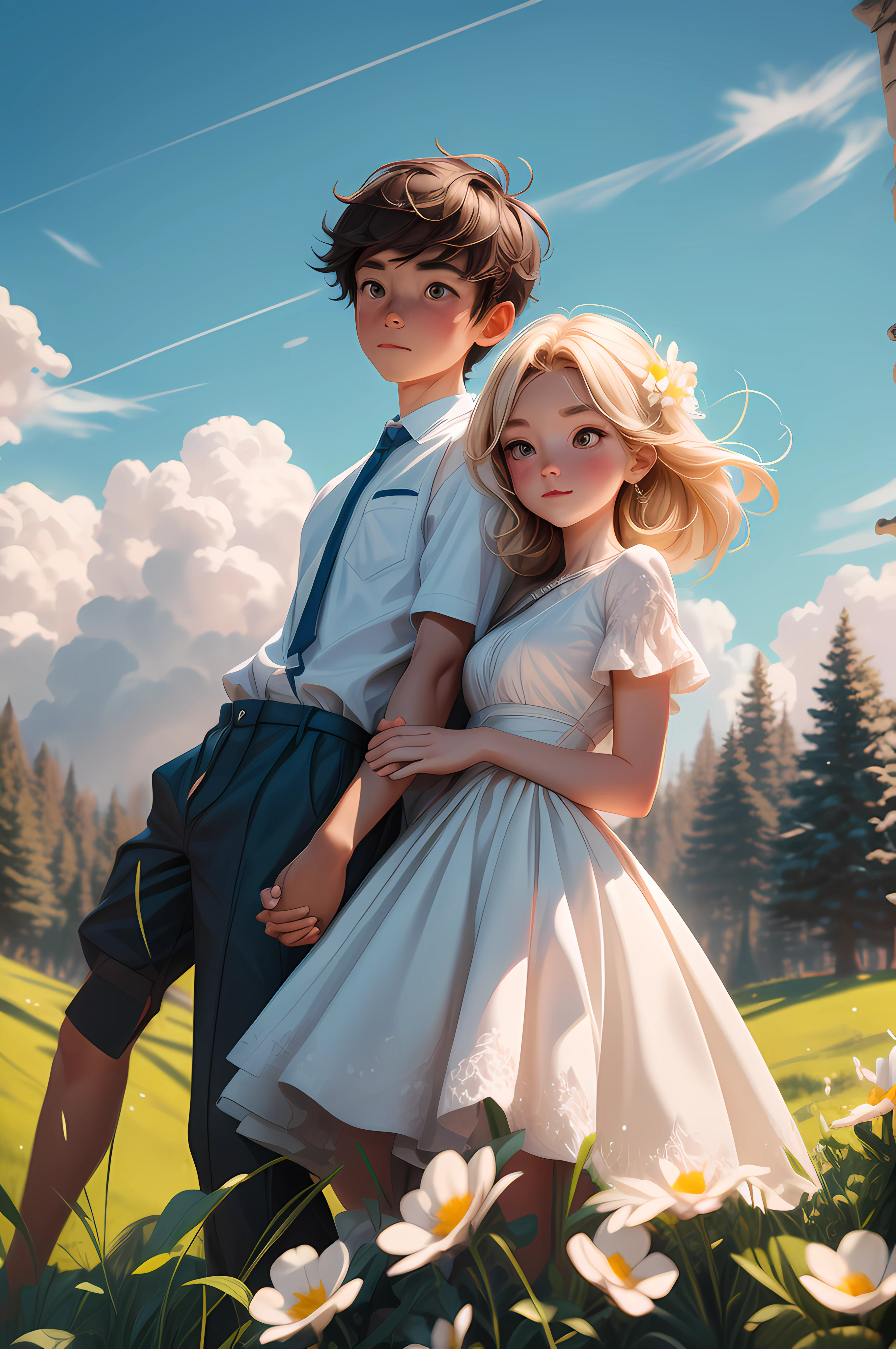 1 girl and 1 boy, holding hands, walking, in forest, blue sky and white clouds in far distance, beautiful flowers, 8k, RAW photo, best quality, masterpiece, high detail RAW color photo, dramatic lighting, cinematic lighting, back light, professional lighting, detailed face, full body,