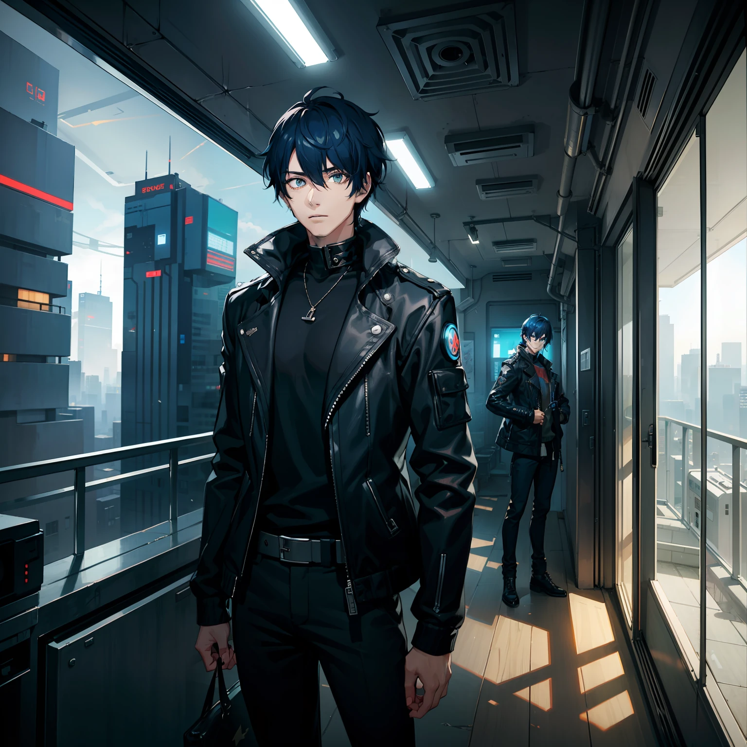 Young man,short hair,blue eye,black and bluehair,short frame,jacket,cyberpunk,scifi,indoors,balcony,villian look