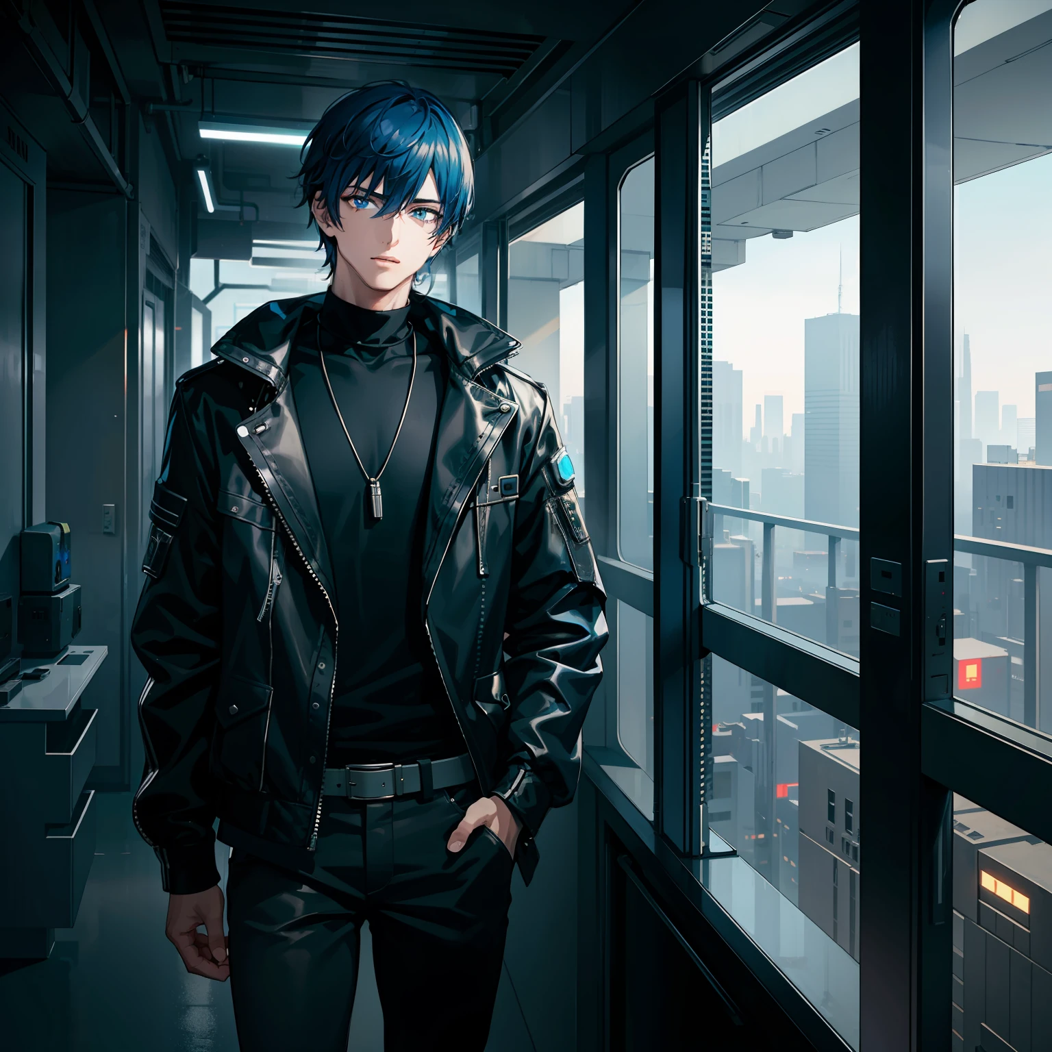 Young man,short hair,blue eye,black and bluehair,short frame,jacket,cyberpunk,scifi,indoors,balcony,villian look