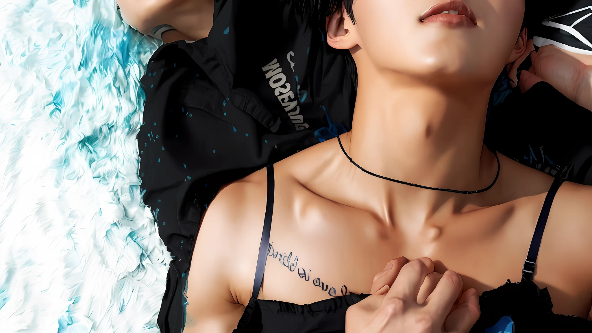 (Manhwa Style，One guy，blue sky background，clean backdrop，A boy is lying down, tattoo on chest, lying on his back, Black suspenders, ssmile， Comic book style)