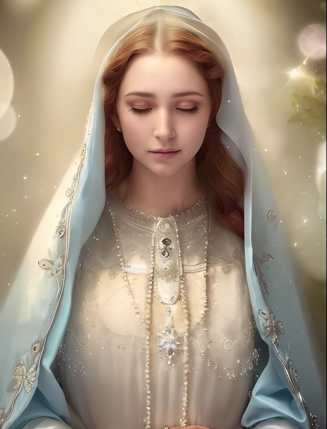 (((Blessed Virgin Mary))) Obra maestra, (La mejor calidad: 1.2), (super fine: 1.2), illustration, (extremadamente delicado y hermoso: 1.2), movie angle, flotante, (Hermoso ojo de detalle: 1.1), (detalle luz: 1.1), Movie Lights, Cielo delicado, ojos azules, (Cola de caballo alta: 1.1), capa, ojuelos, (luna: 1. 2), (Luz de la luna: 1.1), cielo estrellado, (light particles: 1.1) dibujo, flor. (Obra maestra), (La mejor calidad), (fotorrealista:1.3), 8k, Textura detallada de la piel, Textura detallada de la tela, Hermosa cara detallada, Detalles intrincados, Ultra detallado (cuerpo de cuerpo entero:1.2)