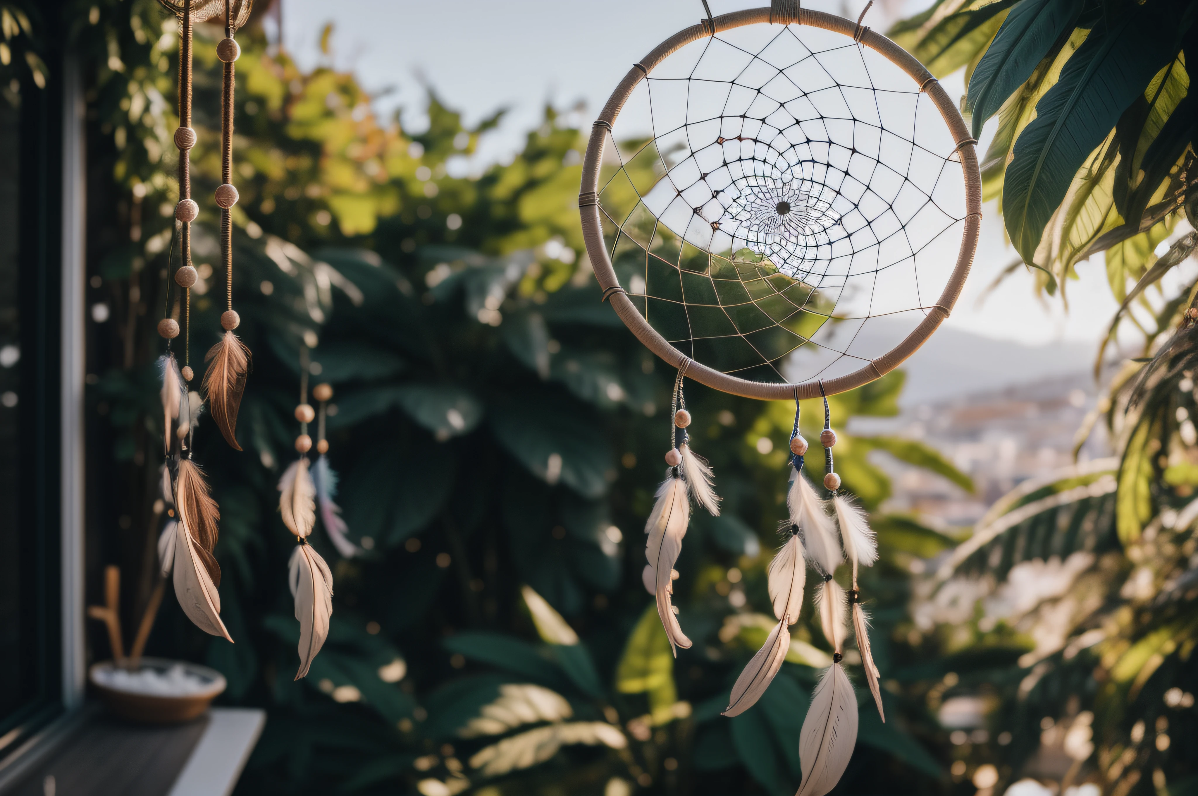 In the foreground a dreamcatcher and in the background some plants out of focus. Terrace atmosphere with glints of sunshine. Use a documentary style approach with a digital SLR, 35mm lens, ISO 400, f/5.6, and capture candid moments.