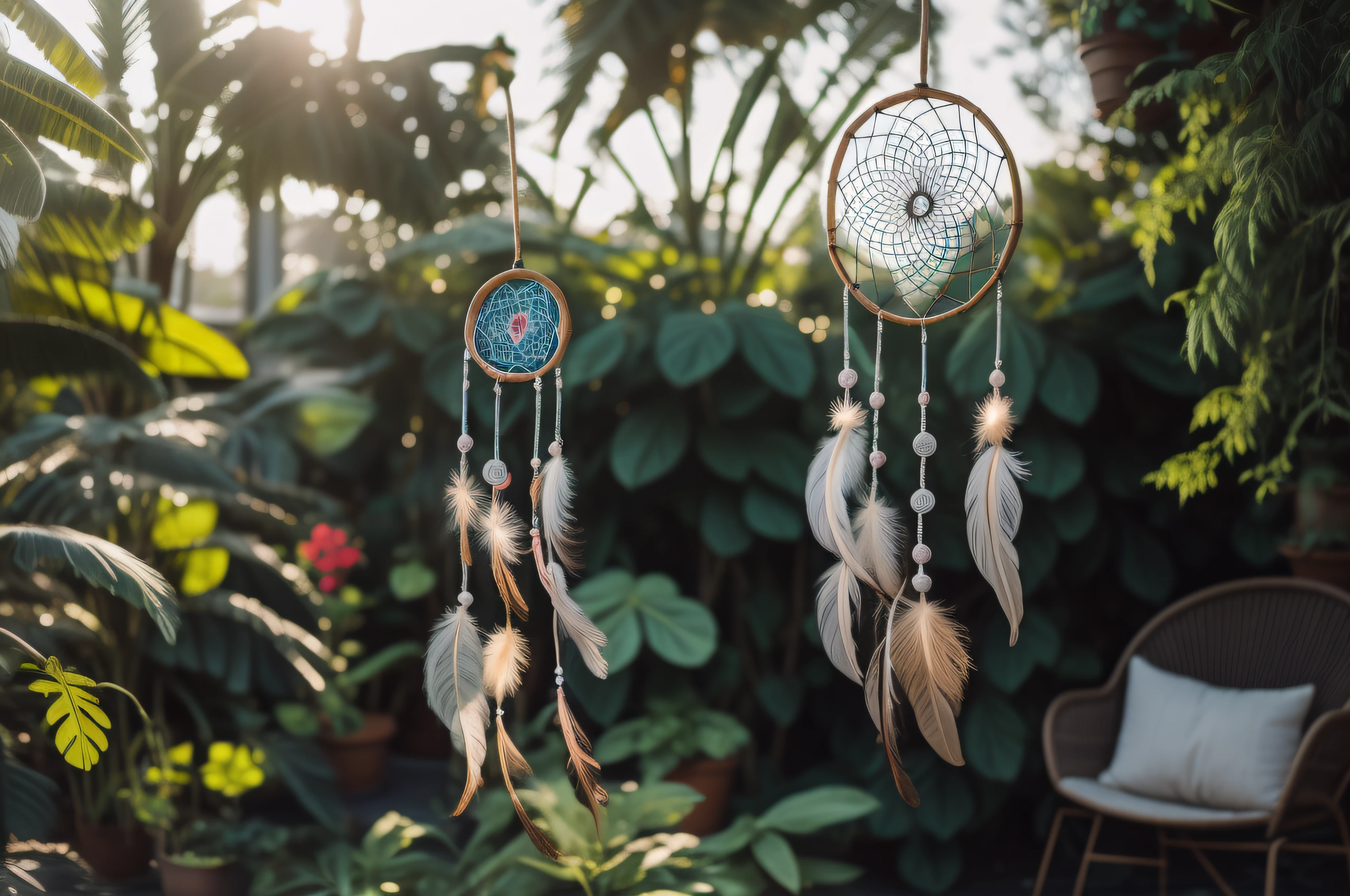 In the foreground a dreamcatcher and in the background some plants out of focus. Terrace atmosphere with glints of sunshine. Use a documentary style approach with a digital SLR, 35mm lens, ISO 400, f/5.6, and capture candid moments.