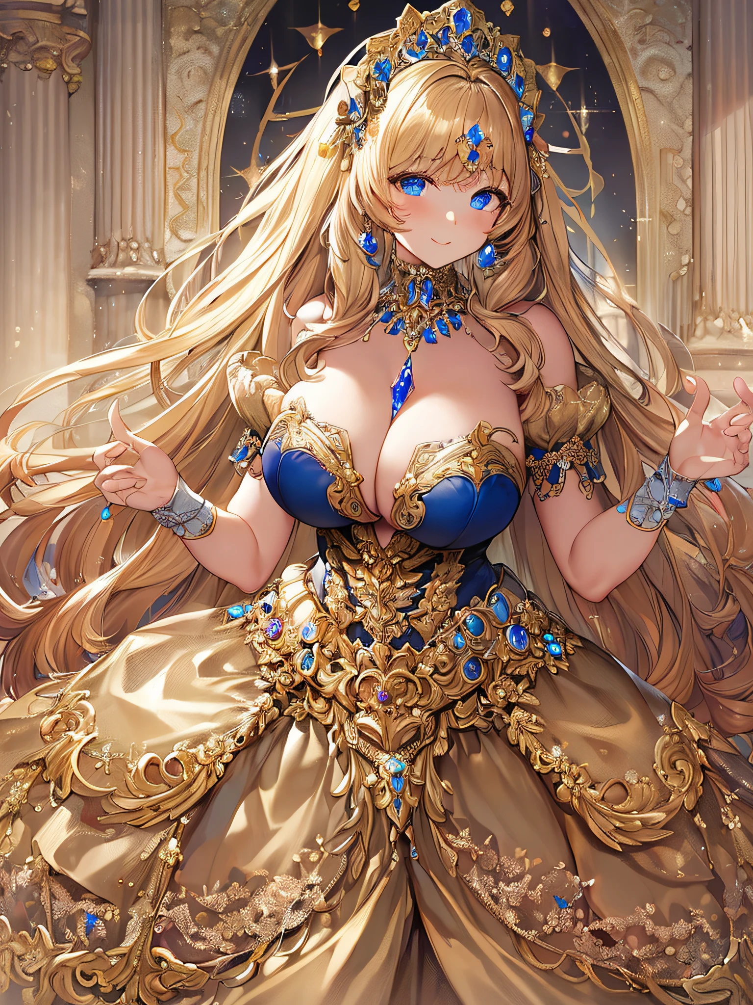 ((anime artstyle)),(Masterpiece),(Best Quality), (Super Detail),((Very Delicate and Beautiful)),((Solo)),((full body)),(((1 princess in beautiful embroidery and jeweled extremely gorgeous rococo ball gown dress with voluminous bouffant skirt))),Long train,(gorgeous gemstone jewelry),detailed face and eyes,jewel-like eyes,(seductive smile),((extremely voluminous Very Long Hair,Straight Hair)),((extremely gigantic tits,Long tits)),curvy,skindentation,(gorgeousfull embroidery and lace),gorgeous corsage,See-through,extremely gorgeousfull hair ornament,extremely gorgeousfull glitter jeweled tiara,ornate ruffles,((full body)),((hoop skirt,crinoline)),Dynamic Angle,Looking at viewer,((beautiful embroidery and jeweled extremely gorgeous rococo ball gown dress with voluminous bouffant skirt)),full body