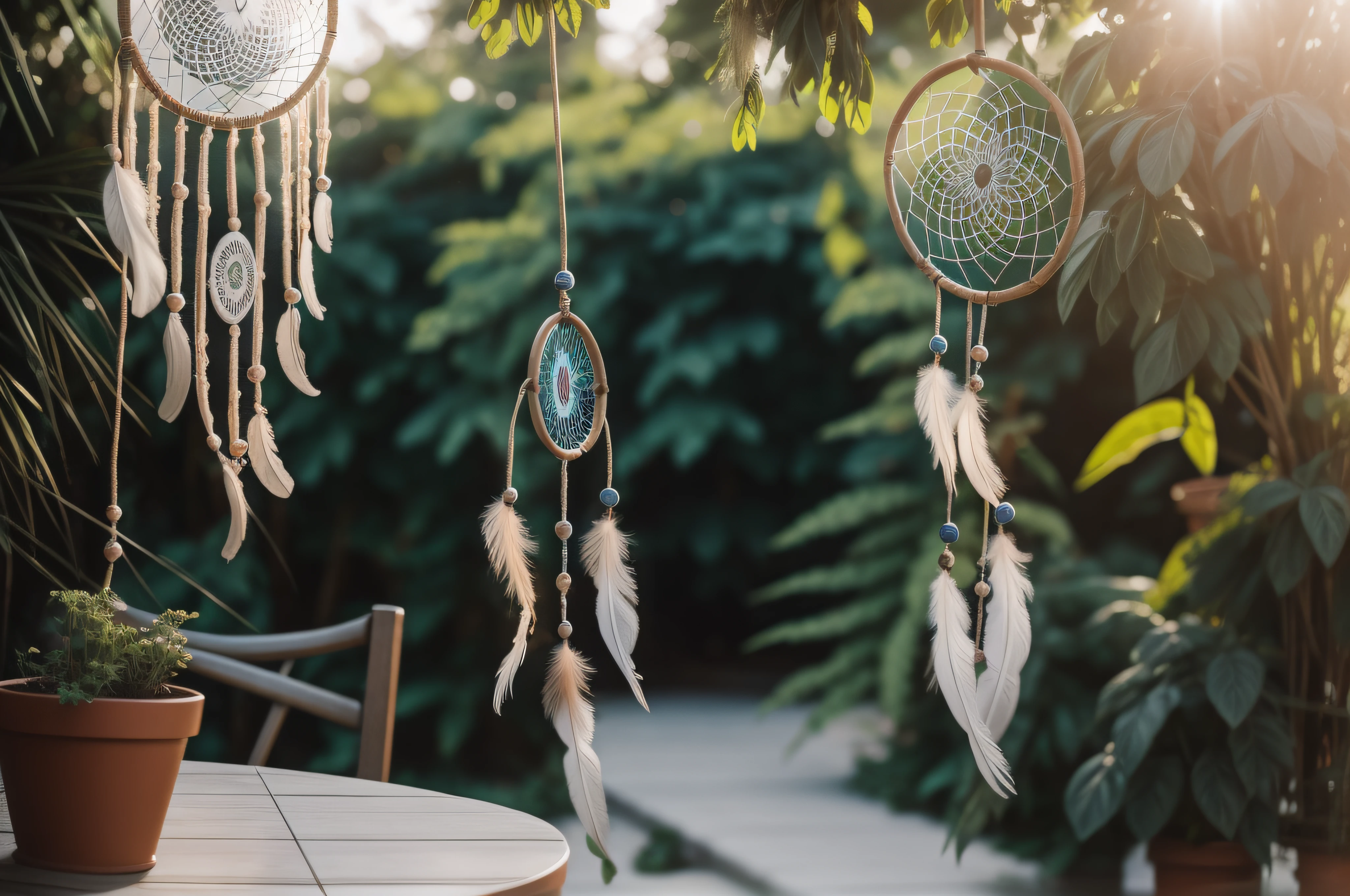 In the foreground a dreamcatcher and in the background some plants out of focus. Terrace atmosphere with glints of sunshine. Use a documentary style approach with a digital SLR, 35mm lens, ISO 400, f/5.6, and capture candid moments.