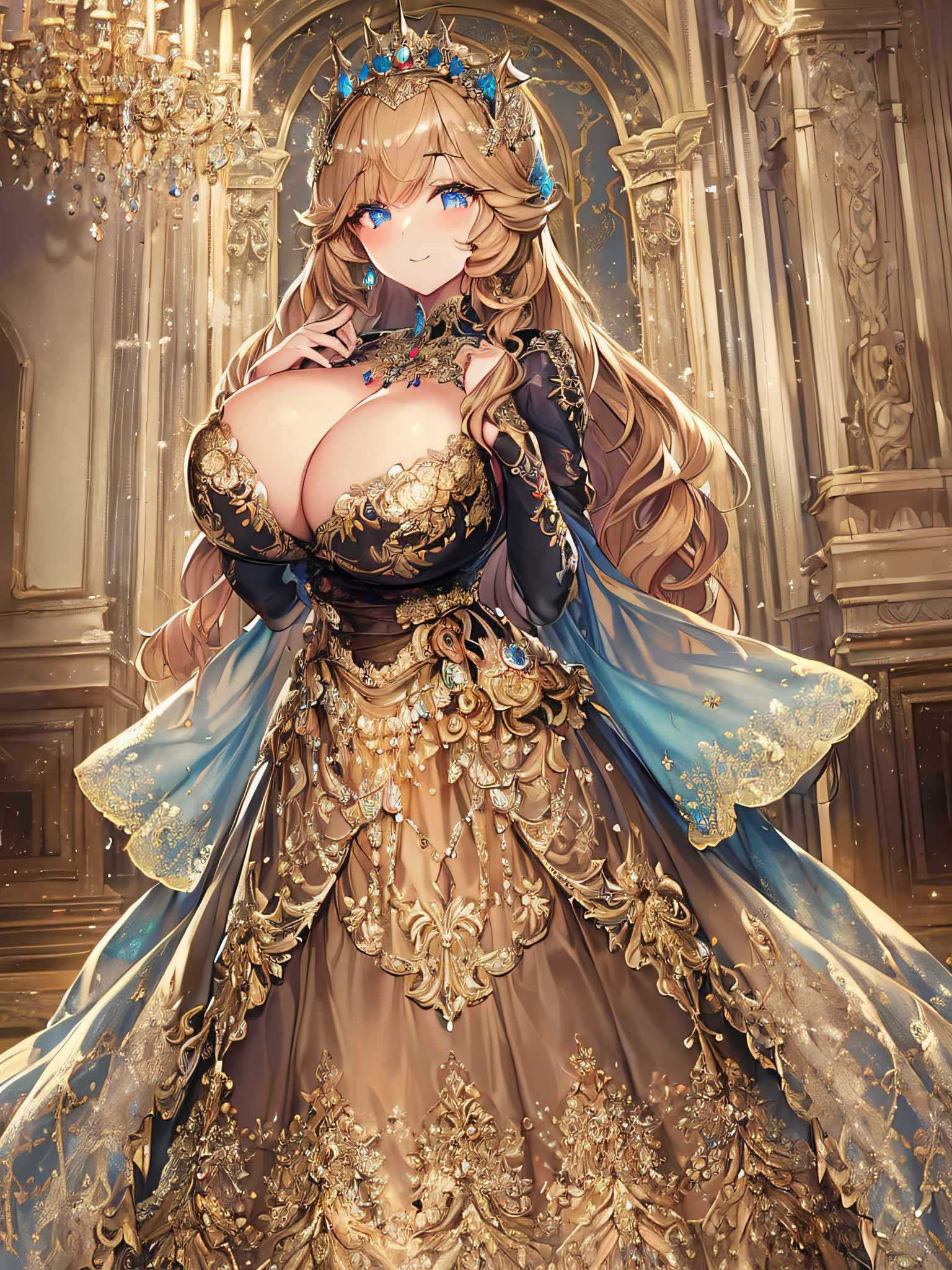 ((anime artstyle)),(Masterpiece),(Best Quality), (Super Detail),((Very Delicate and Beautiful)),((Solo)),((full body)),(((1 princess in beautiful embroidery and jeweled extremely gorgeous rococo ball gown dress with voluminous bouffant skirt))),Long train,(gorgeous gemstone jewelry),detailed face and eyes,jewel-like eyes,(seductive smile),((extremely voluminous Very Long Hair,Straight Hair)),((extremely gigantic tits,Long tits)),curvy,skindentation,(gorgeousfull embroidery and lace),gorgeous corsage,See-through,extremely gorgeousfull hair ornament,extremely gorgeousfull glitter jeweled tiara,ornate ruffles,((full body)),((hoop skirt,crinoline)),Dynamic Angle,Looking at viewer,((beautiful embroidery and jeweled extremely gorgeous rococo ball gown dress with voluminous bouffant skirt)),full body