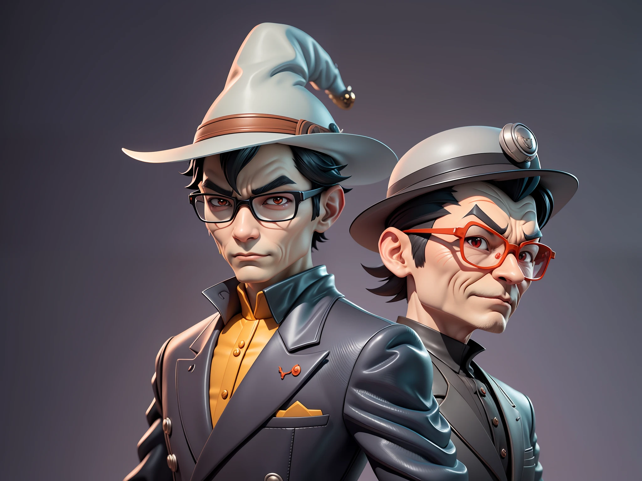Young man with oriental face in leather hat, dragon, formal suit, short black hair, silver glasses, digital painting, 3D character design by Mark Clairedon and Pixar and Hayao Miyazaki and Akira Toriyama, the illustration is a high-definition illustration in 4K resolution with very detailed facial features and cartoon-style visuals.