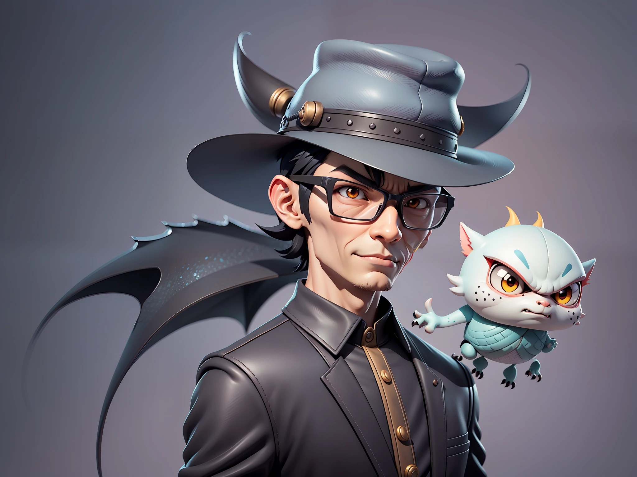 Young man with oriental face in leather hat, dragon, formal suit, short black hair, silver glasses, digital painting, 3D character design by Mark Clairedon and Pixar and Hayao Miyazaki and Akira Toriyama, the illustration is a high-definition illustration in 4K resolution with very detailed facial features and cartoon-style visuals.