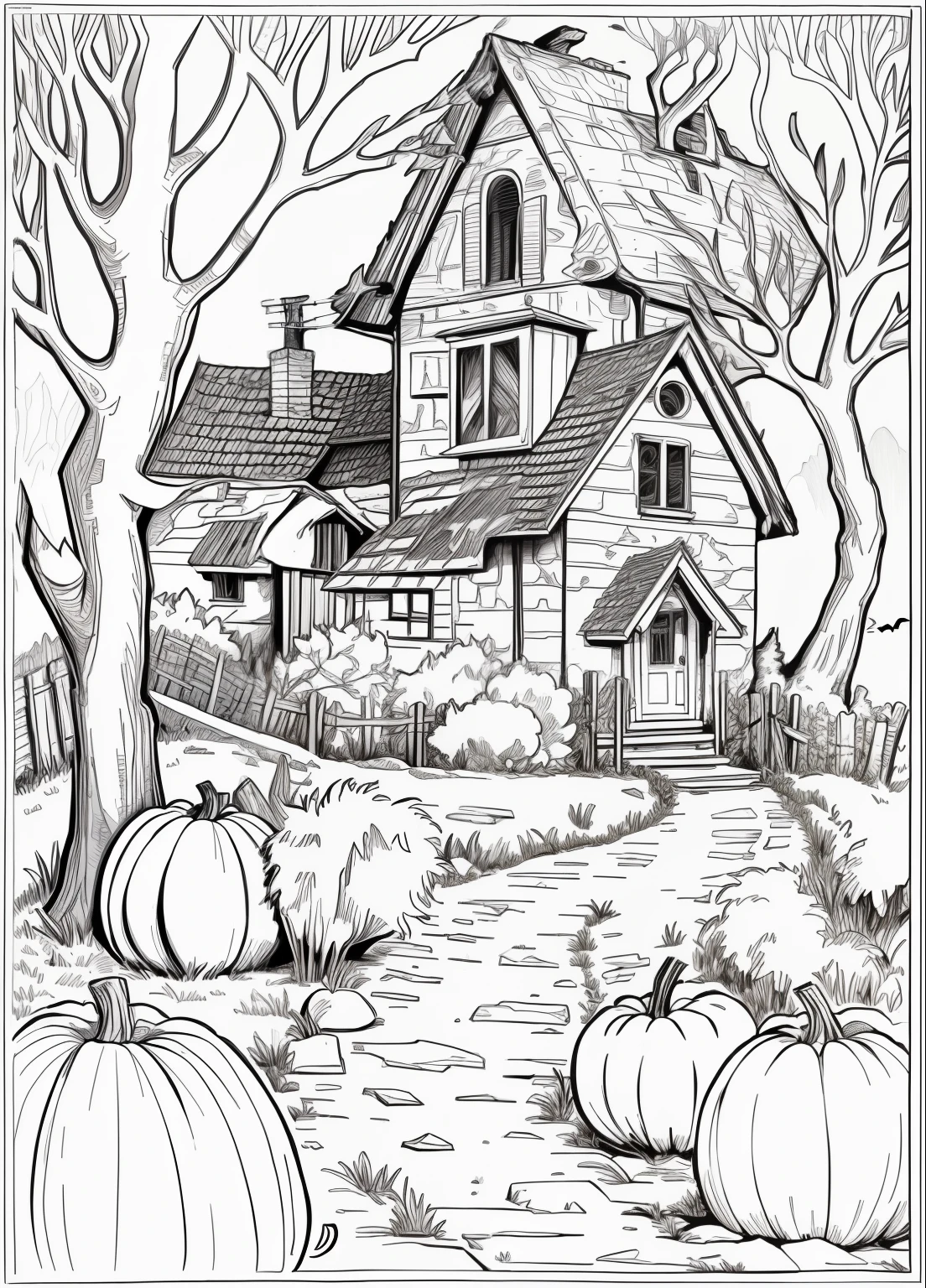 A coloring page with a house and pumpkins in the backyard, Desenho detalhado de linhas a tinta limpa, cena de halloween, Linework altamente detalhado, Aldeia na Mata, linha estilizada, autumn season, ❤🔥🍄🌪, Directed by: Teresa Fasolino, Directed by: Joe Mangrum, spontaneous linework, colouring - in sheet, linha densa