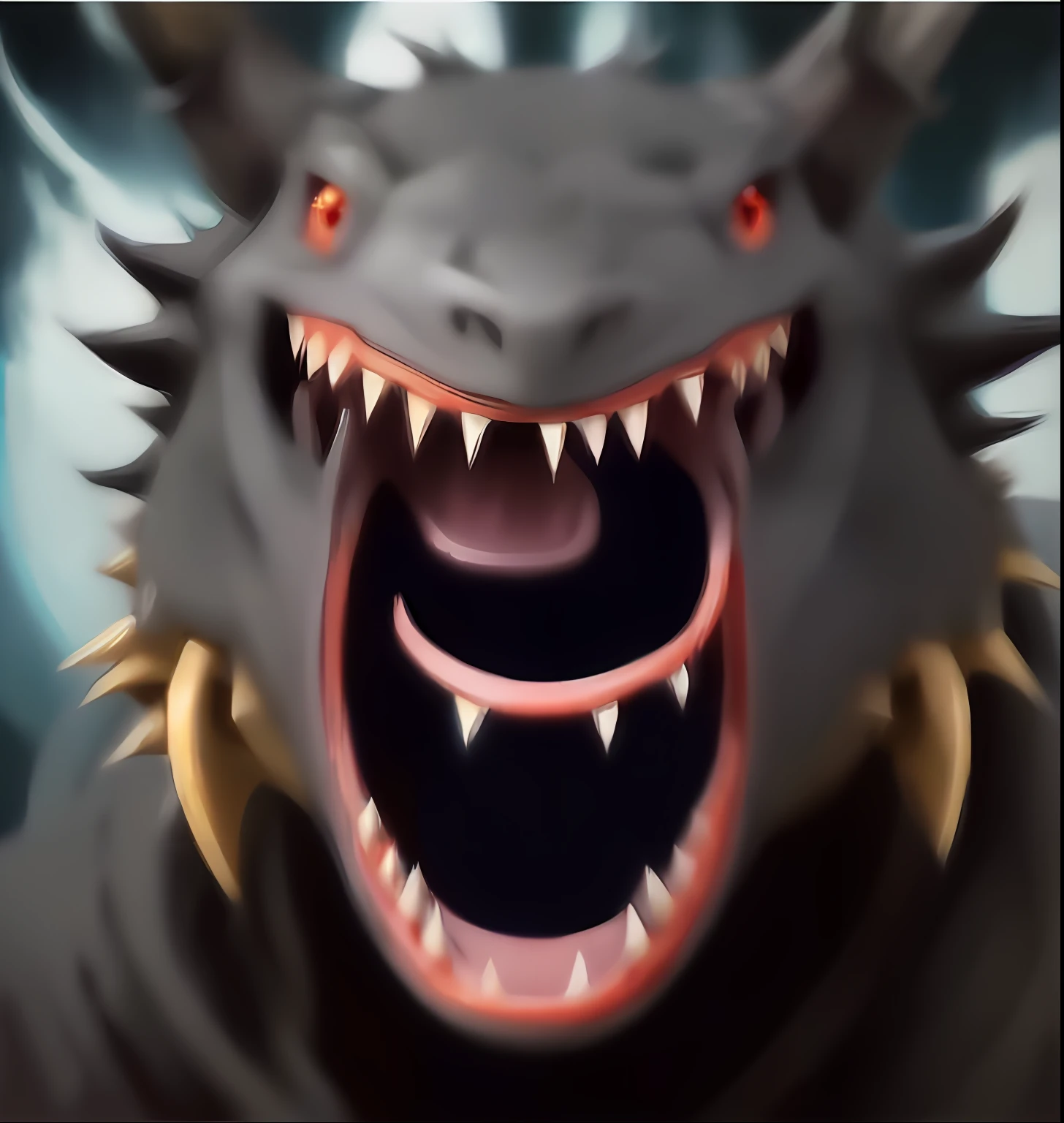 There is a cartoon picture of a dragon with an open mouth, Portrait of a cyborg dragon, dragon fangs, dragon mouth, drachenlord, epic legends game icon, dragon vore, Sharp fangs, epic dragon, tosen, dragon vore art, toothless mutant, dragon portrait, giant kaiju dragon monster, Dragon face, Dragon in the background