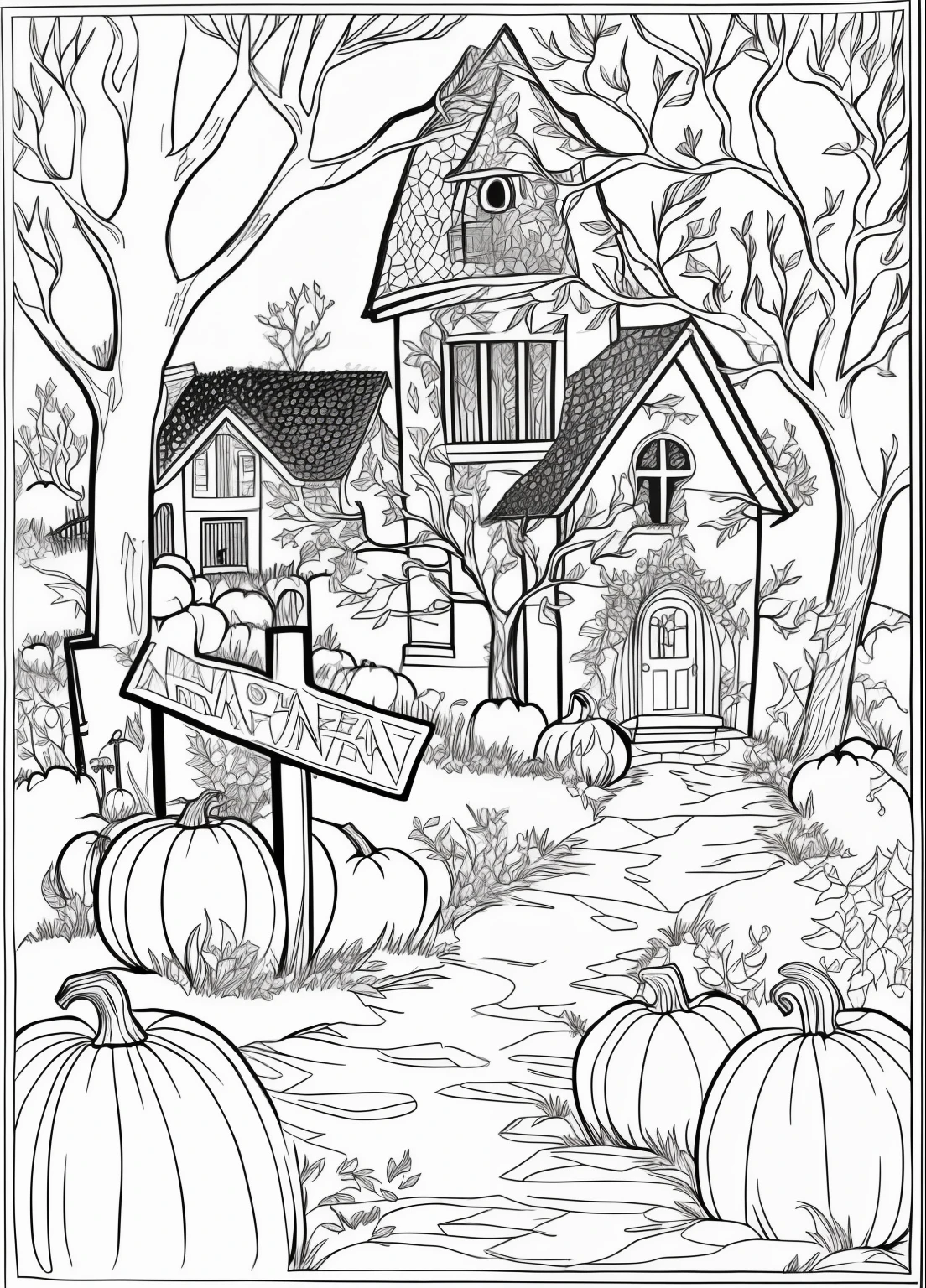 Coloring page with a house and pumpkins in the backyard, Desenho detalhado de linhas a tinta limpa, Jantar de Halloween, linework altamente detalhado, Aldeia na Mata, Linha estilizada, autumn season, ❤🔥🍄🌪, Directed by: Teresa Fasolino, Directed by: Joe Mangrum, spontaneous linework, colouring - in sheet, linha densa