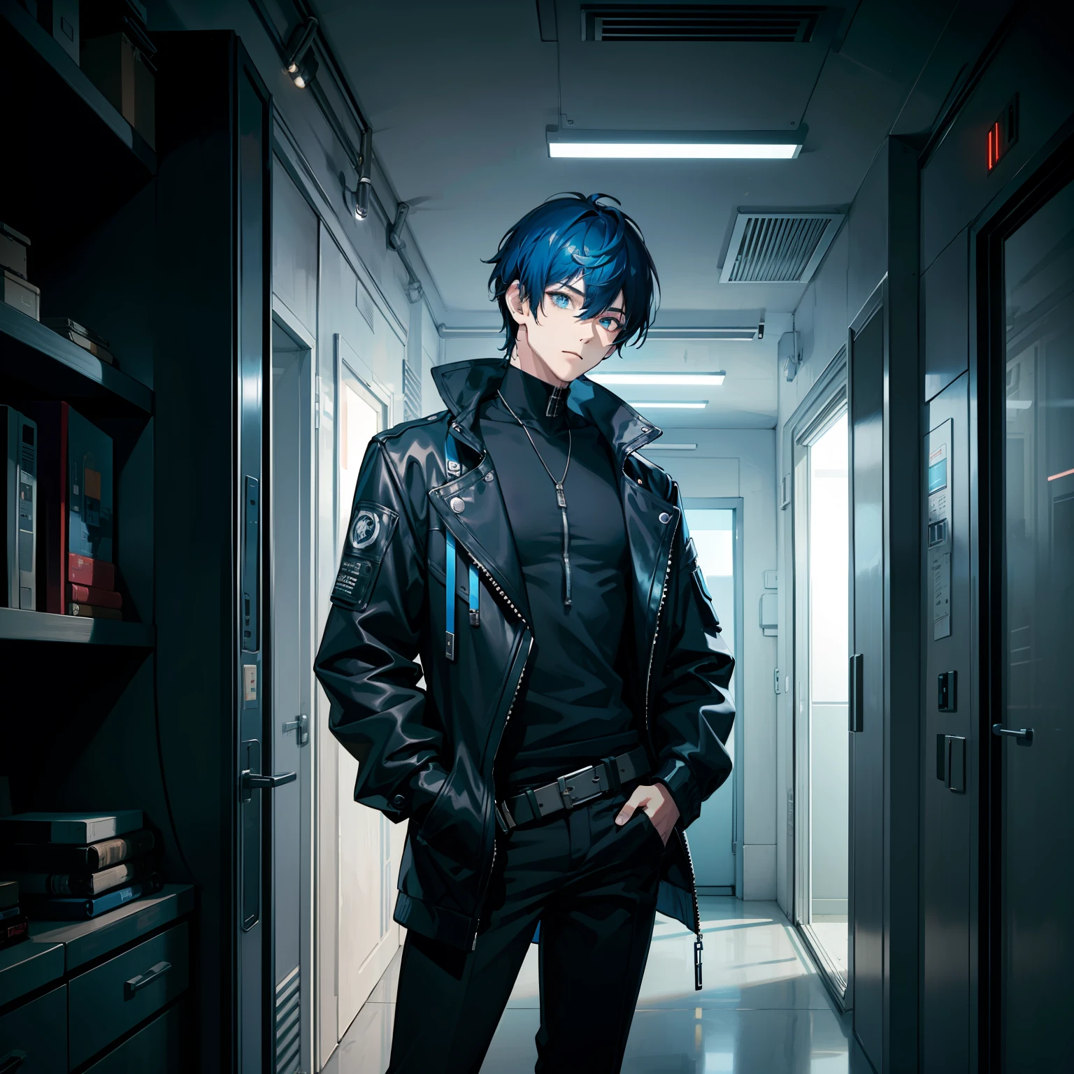 Young man,short hair,blue  eye,black and bluehair,short frame,jacket,cyberpunk,scifi,indoors,balcony,nsfw