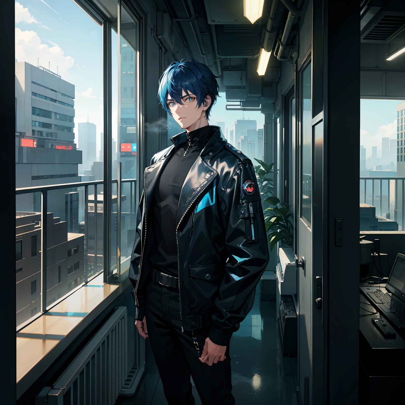 Young man,short hair,blue eye,black and bluehair,short frame,jacket,cyberpunk,scifi,indoors,balcony,nsfw