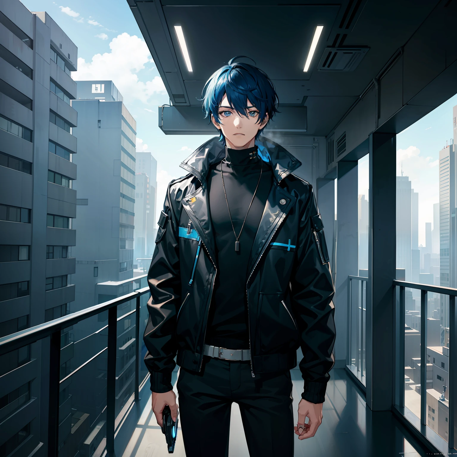 Young man,short hair,blue eye,black and bluehair,short frame,jacket,cyberpunk,scifi,indoors,balcony,nsfw