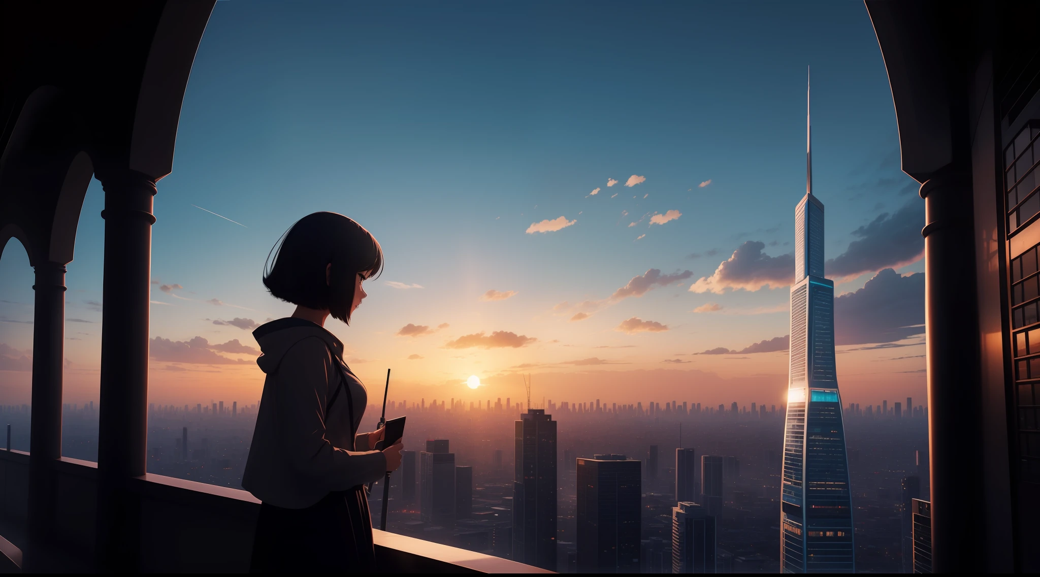 animesque,silhuette,1girl in(bob), stele(Skysky), clouds, Cityscape, buliding, 城市, plein air, skyscraper, city light, natta, nigh sky, sunset, sky line