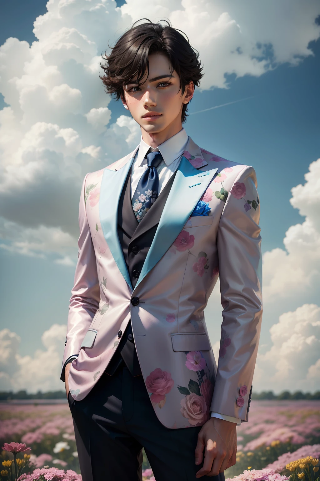 A handsome boy stands among the flowers，Surrounded by colorful clouds，dressed in a suit，Flowers buried in clouds，fashion magazine photography，High realism，romanticism lain，UHD，16K Ultra HD，SMC Pentax 75mm f2.8AL