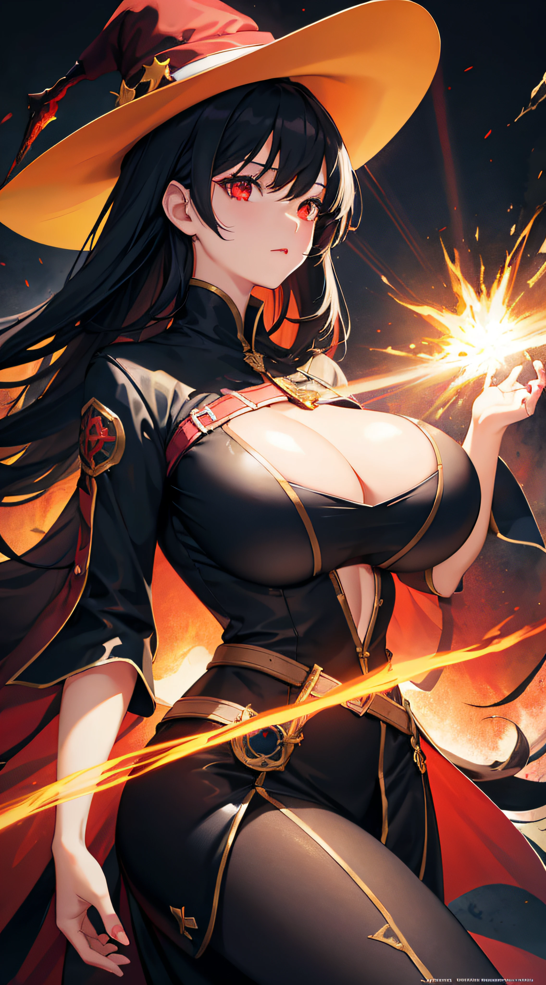 1girl, black hair, red eyes, fire witch, blood, light particles, light rays, wallpaper, high contrast, colorful, (big breasts:1.5)