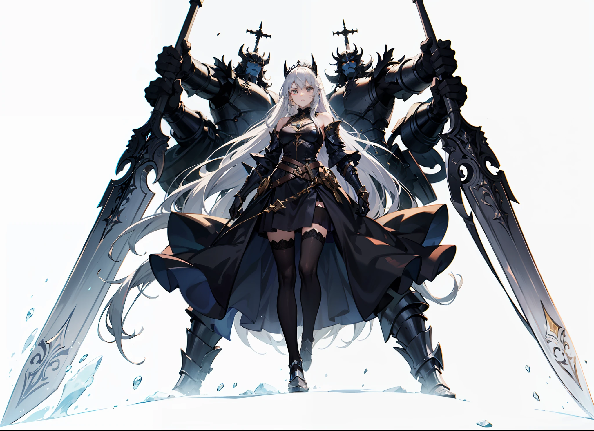 femele，Has long white hair，Wearing a black crown，Wearing black and white armor，Four giant swords floated behind her，The expression is cold，Standing on an armored mountain，ancient battle field，Has excellent light quality