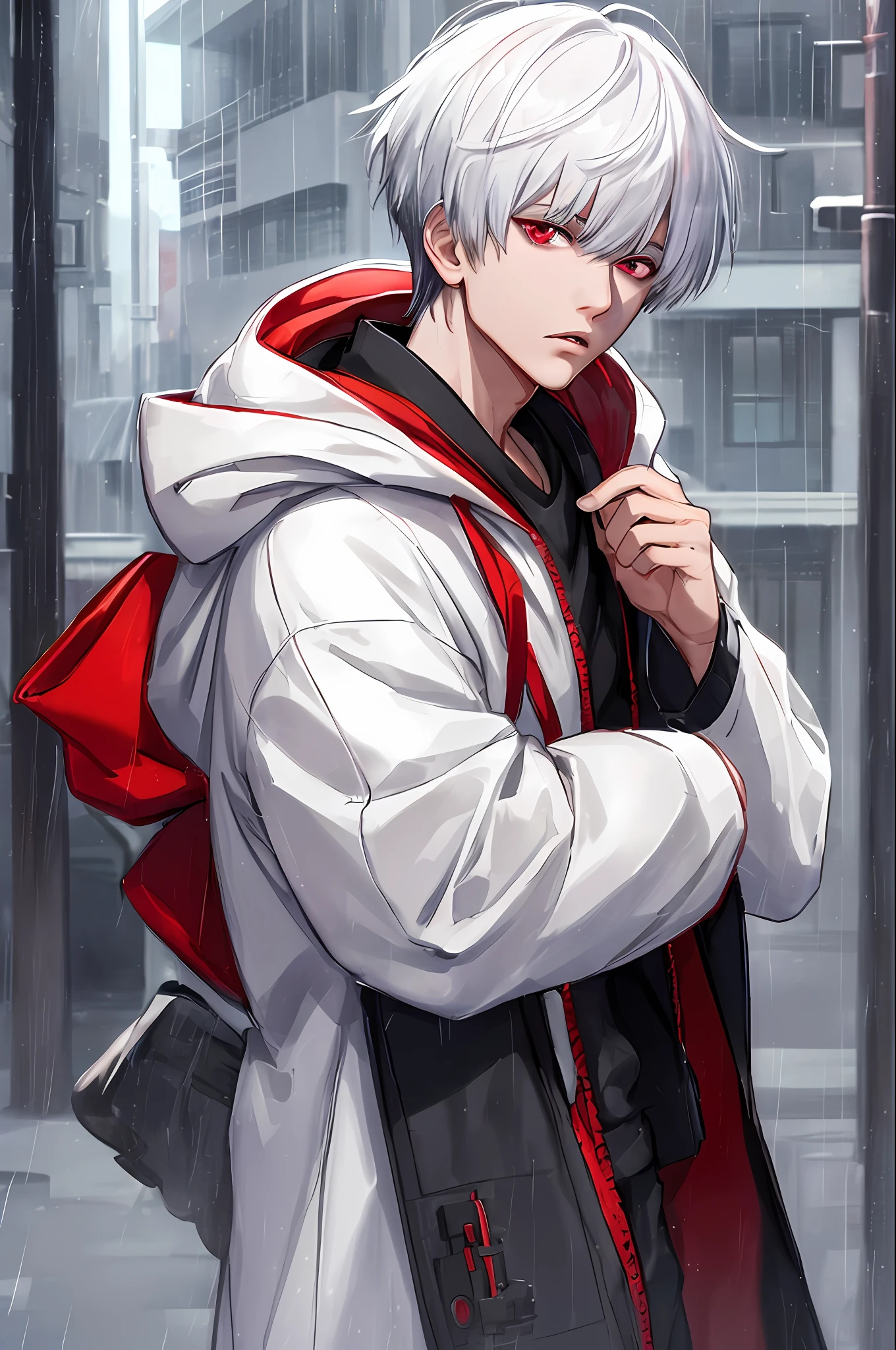 kk, best quality, more details, masterpiece, 1boy, kaneki ken, portrait, male focus, red eyes, solo, bangs, looking at viewer, hood, short hair, rain, tokyo tokyo \(city\), hood up, nail polish, white hair, luxurious, 8k, detailed, ray tracing, depth of field, cinematic lighting,