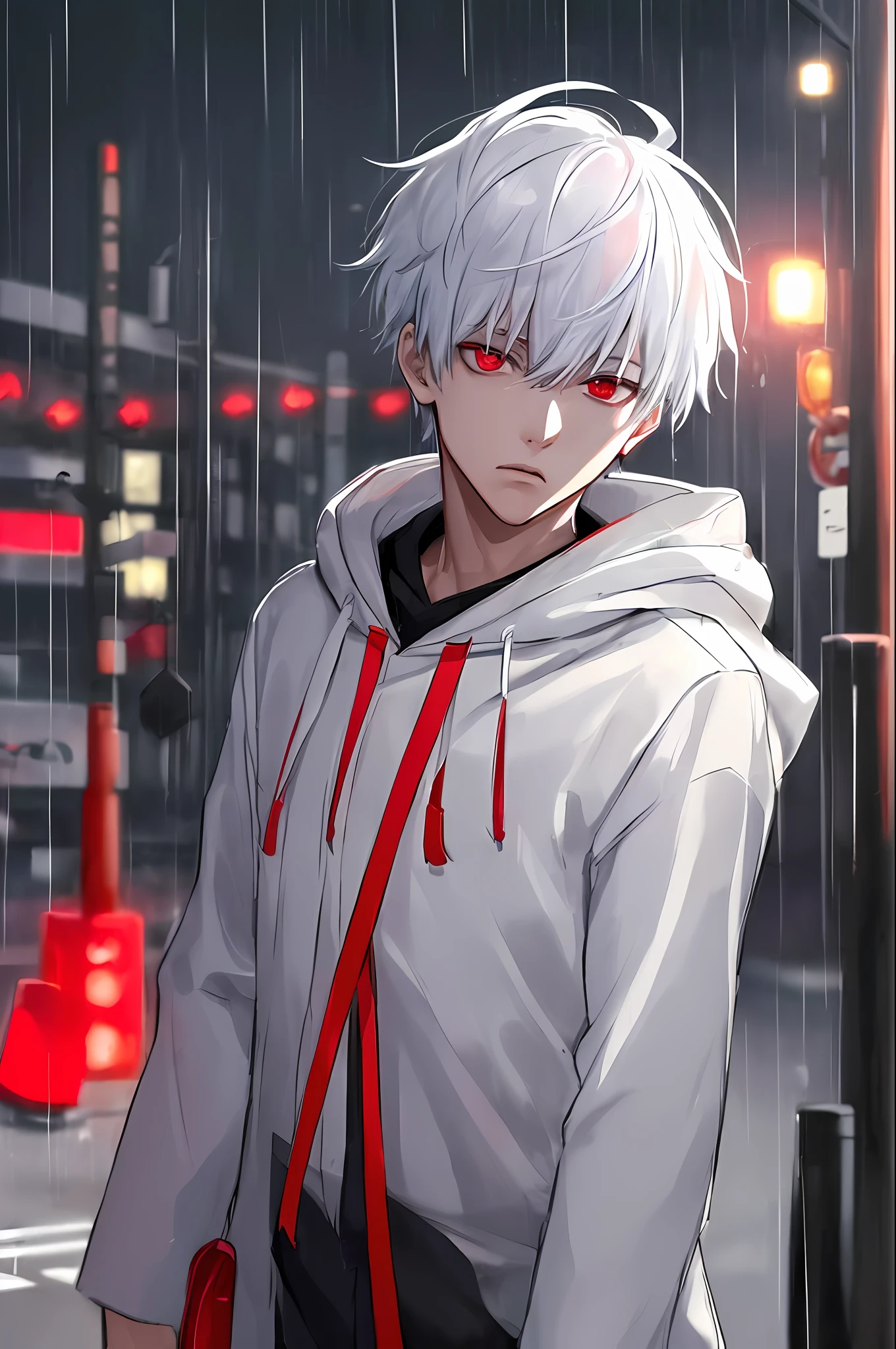 kk, best quality, more details, masterpiece, 1boy, kaneki ken, portrait, male focus, red eyes, solo, bangs, looking at viewer, hood, short hair, rain, tokyo tokyo \(city\), hood up, nail polish, white hair, luxurious, 8k, detailed, ray tracing, depth of field, cinematic lighting,