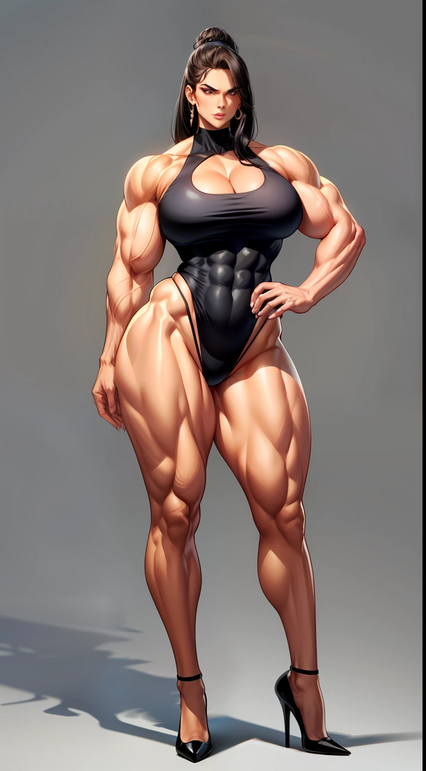 tmasterpiece，Burly woman，Exaggerated large muscles，high-heels， standing on your feet， beautiful attractive face，Full body like， Single female，Very fair skin，Thin waist，Very broad shoulders, Strong and powerful arms，Stout arms，Strong and powerful leg muscles，looking to the camera