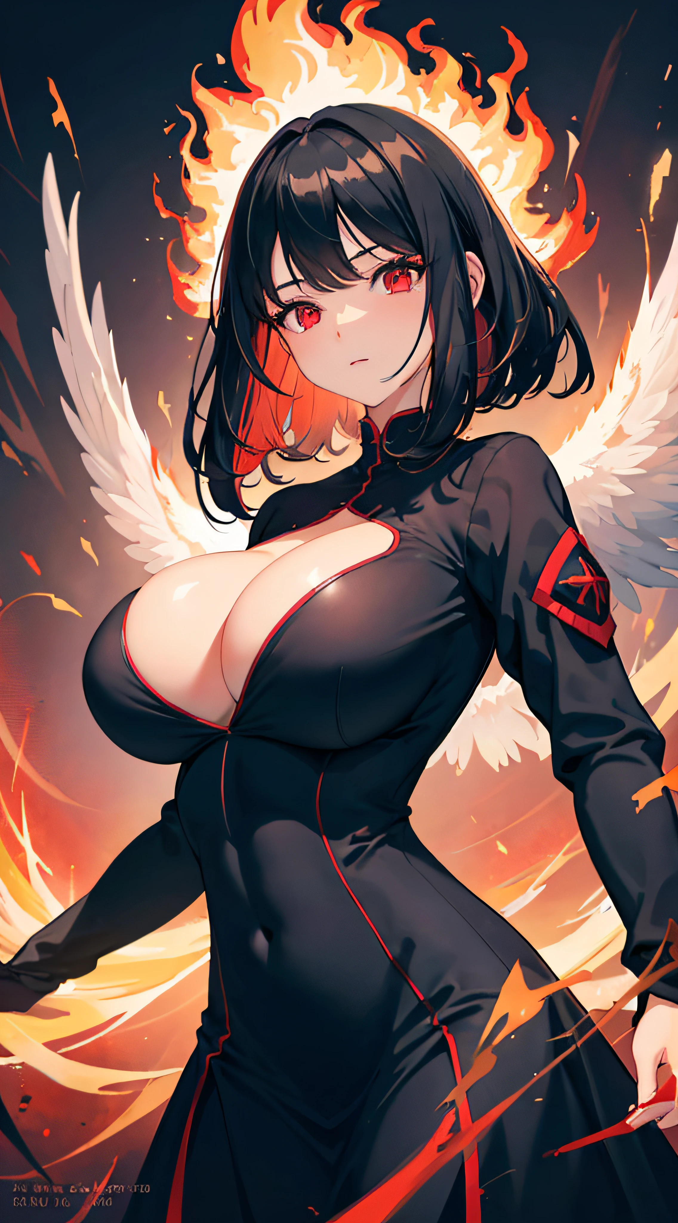 1girl, black hair, red eyes, fire witch, blood, light particles, light rays, wallpaper, high contrast, colorful, (big breasts:1.5), black dress, long sleeve