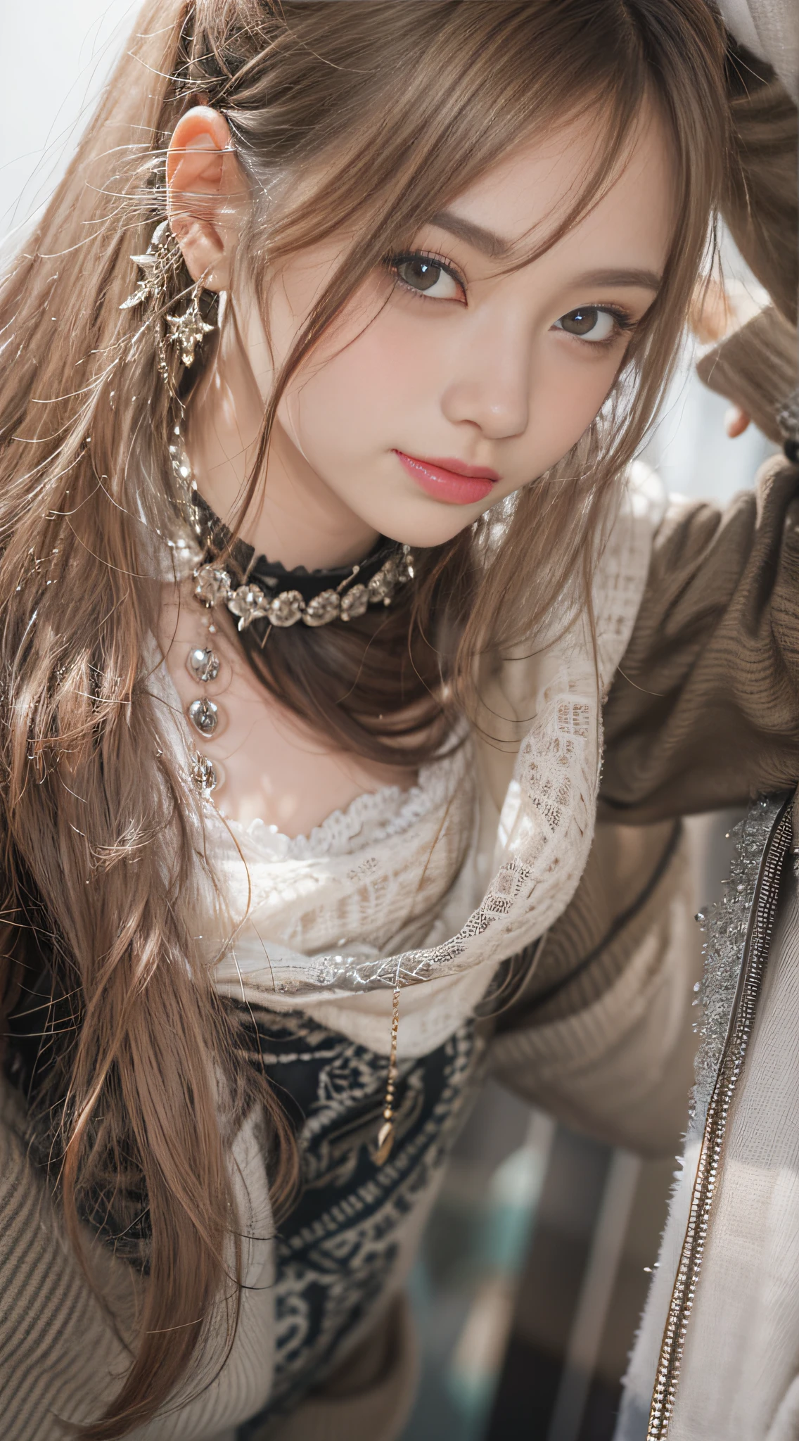 (8K, Masterpiece, Best quality), (Realistic, Photorealistic :1.2), 超高分辨率, Very detailed, Beautiful lighting, Photo background, 1girll, Solo, Looking at the audience, (full bodyesbian: 1.2), Masterpiece,highest  quality, fittingroom，The long-haired， fittingroom, Close-up,Selfie feeling