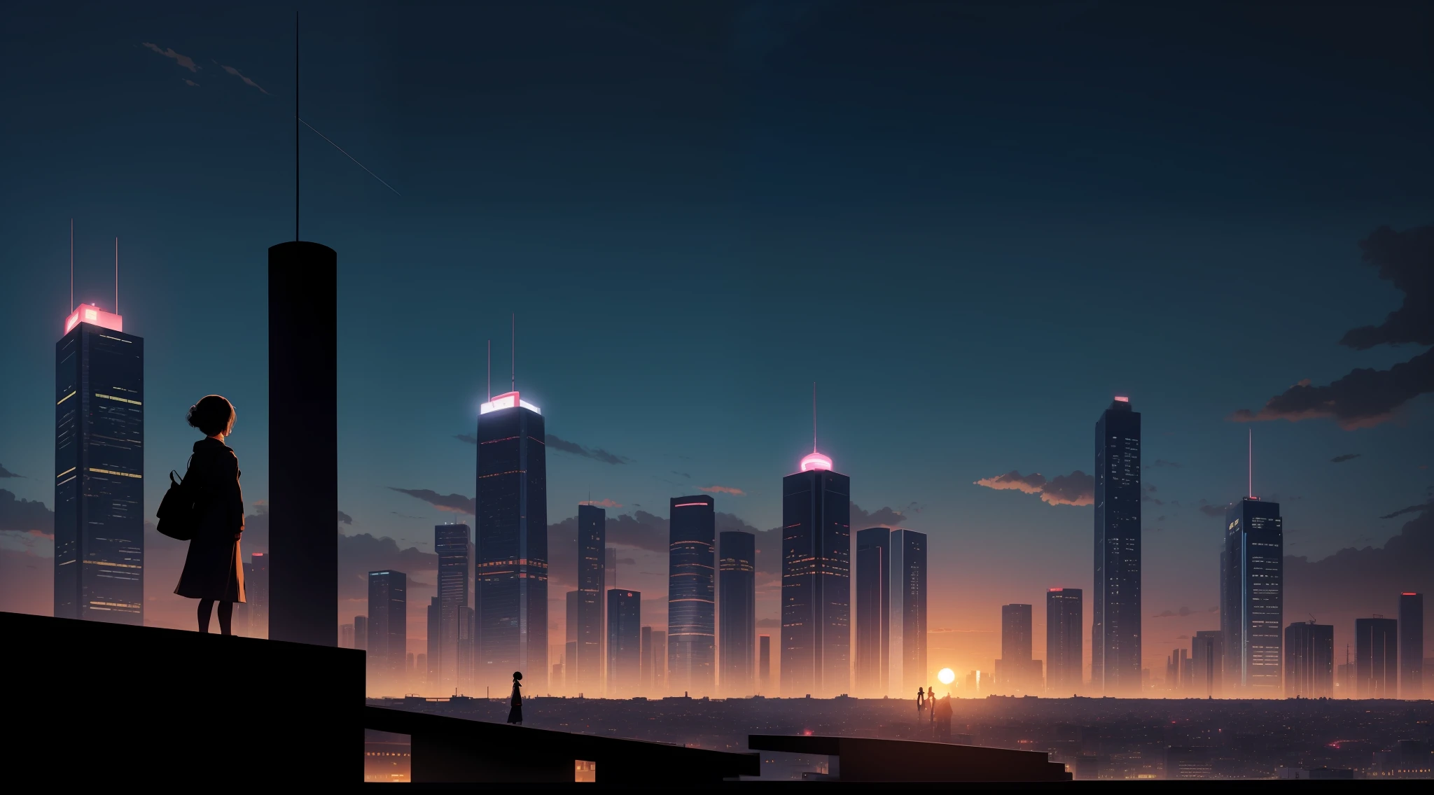 animesque,silhuette,1girl in(bobhair), stele(Skysky), clouds, Cityscape, buliding, 城市, plein air, Skyscraper, city light, natta, nigh sky, Sunset, sky line