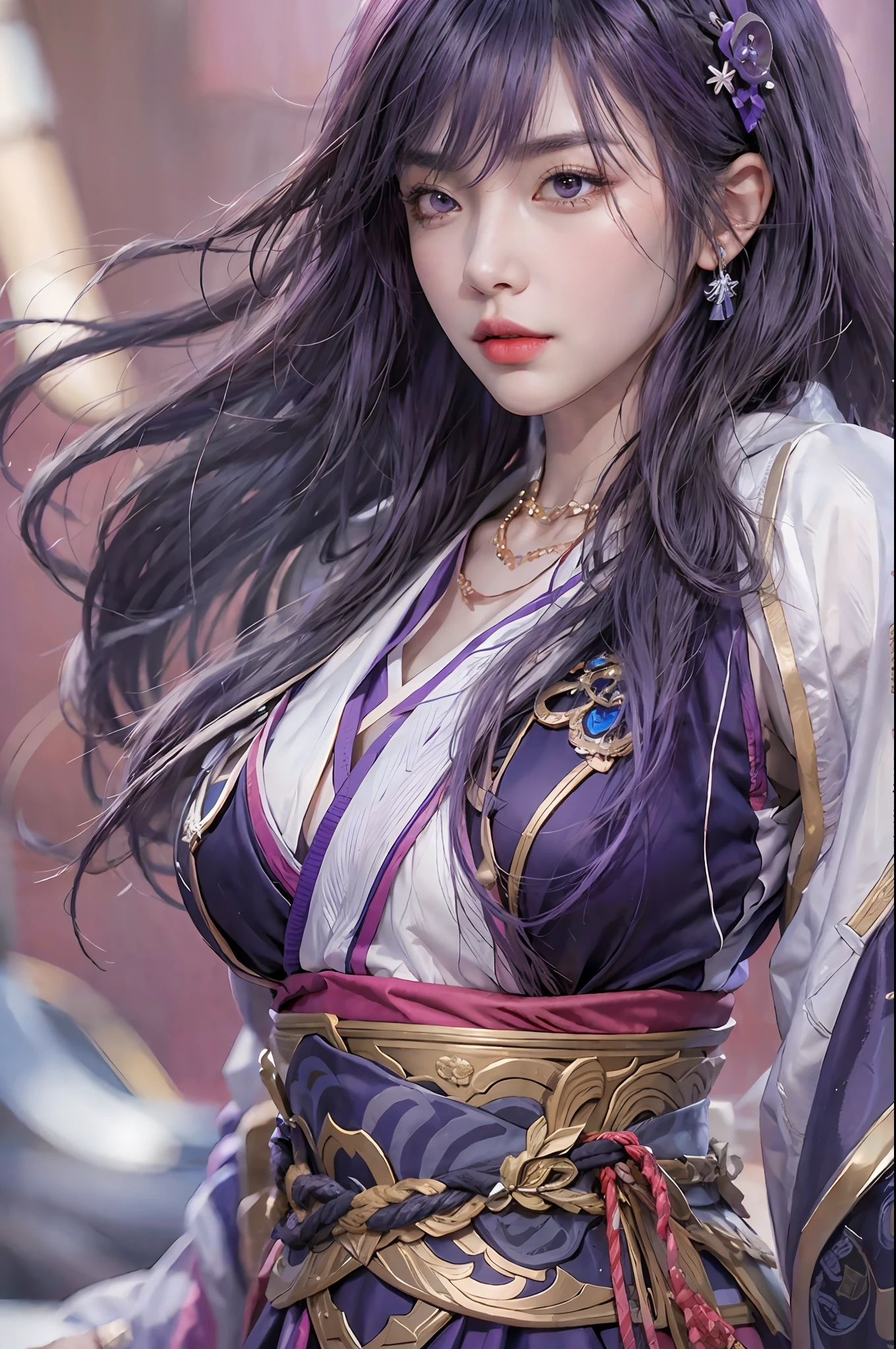 photorealistic, high resolution, 1women, solo, hips up, look at viewer, (detailed face), narrow waist, closed lips, purple hair, long hair,Raiden Shogun \(genshin impact\), jewelry