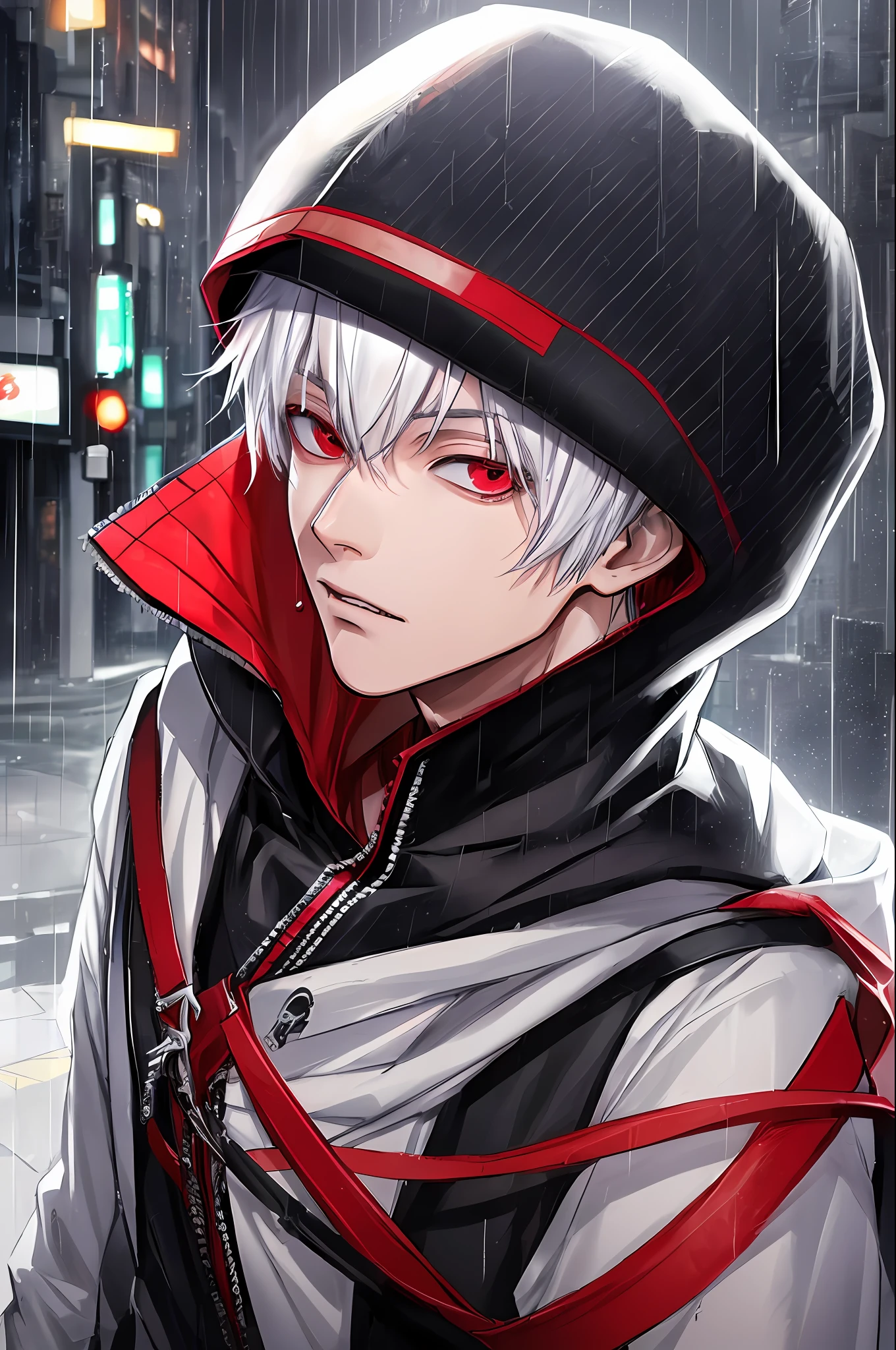 kk, best quality, more details, masterpiece, 1boy, kaneki ken, portrait, male focus, red eyes, solo, bangs, looking at viewer, hood, short hair, rain, tokyo tokyo \(city\), hood up, nail polish, white hair, luxurious, 8k, detailed, ray tracing, depth of field, cinematic lighting,