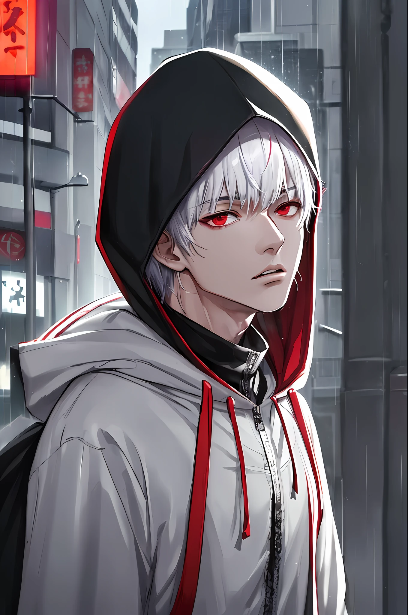 kk, best quality, more details, masterpiece, 1boy, kaneki ken, portrait, male focus, red eyes, solo, bangs, looking at viewer, hood, short hair, rain, tokyo tokyo \(city\),  hood up, nail polish, white hair, luxurious, 8k, detailed, ray tracing, depth of field, cinematic lighting,