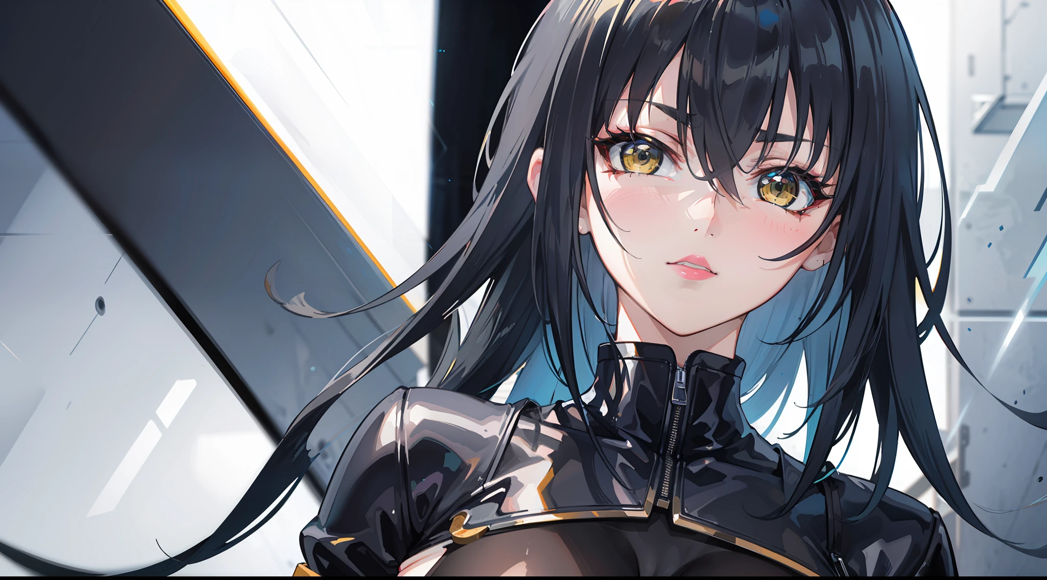professional artwork, Intricate Details, field of view, sharp focus, detailed painting, photorealistic lighting, trending on pixiv, Standing at attention, black outfit ,yellow collared shirt,black and red bodysuit,skin_tight,black legwear, black pantyhose, Side_boob, black hair,very long hair, Bangs,yellow eyes,makeup, lipstick, 20yo,mature female,Beautiful Finger,Beautiful long legs,Beautiful body,Beautiful Nose,Beautiful character design, perfect eyes, perfect face, looking at viewer,official art,extremely detailed CG unreal engine 8k wallpaper, perfect lighting,Colorful, Bright_Front_face_Lighting, (masterpiece:1.0),(best_quality:1.0), ultra high res,4K,ultra-detailed, photography, 8K, HDR, highres, absurdres:1.2, Kodak portra 400, film grain, blurry background, (Beautiful,large_Breasts:1.4), (beautiful_face:1.5),(narrow_waist), (solo:1.4), ((landscape dimension)), rich detailed makeup, rich detailed eyeshadow, rich detailed lips, rich detailed lipstick, eyes lens, beautiful eyes lens, ultra detailed eyes, (solo:1.4)