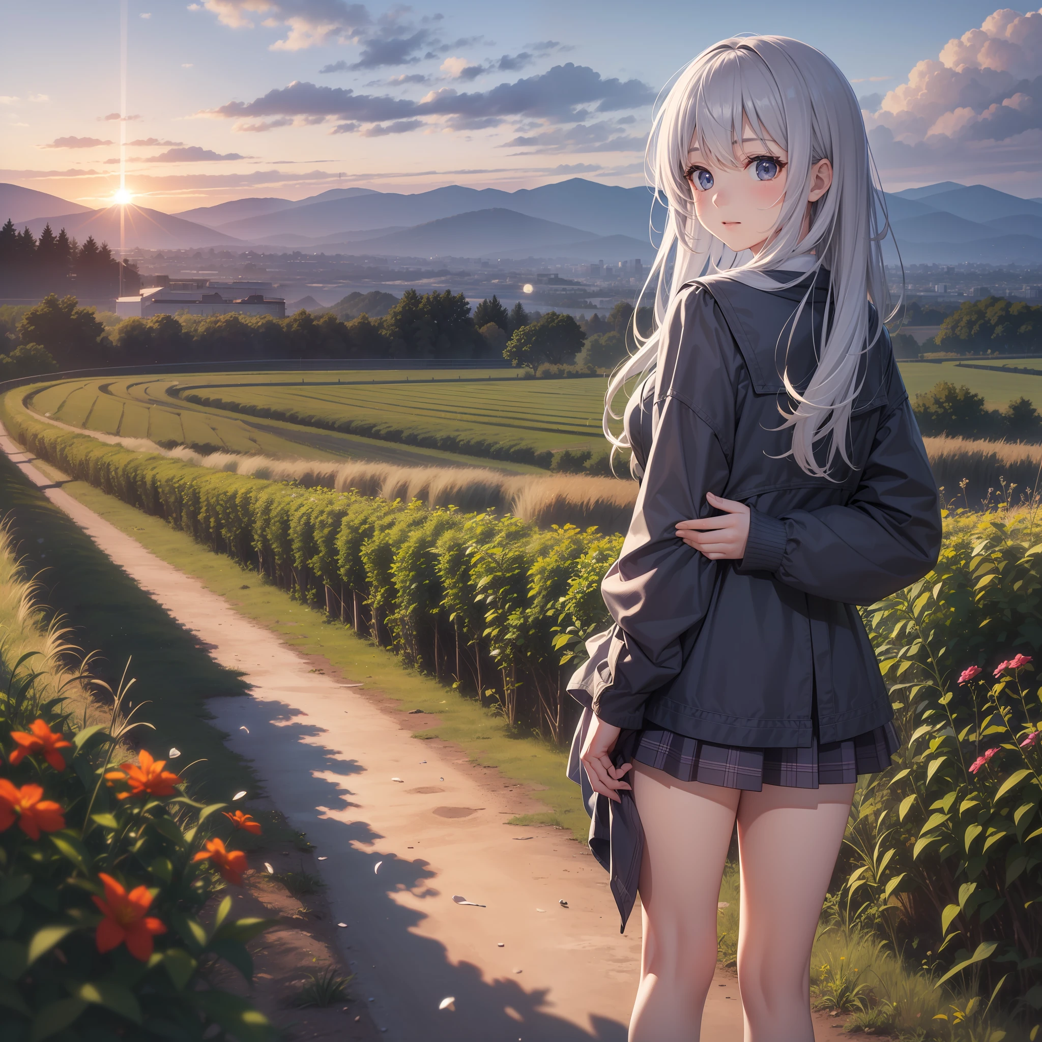 In the stable diffusion model，Use the following optimized Prompt content to generate：
"silver hair girl，Play in the sunset，The sun shines in the fields，Blurred foreground，setting in nature，Beautiful clouds flutter in the sky。"