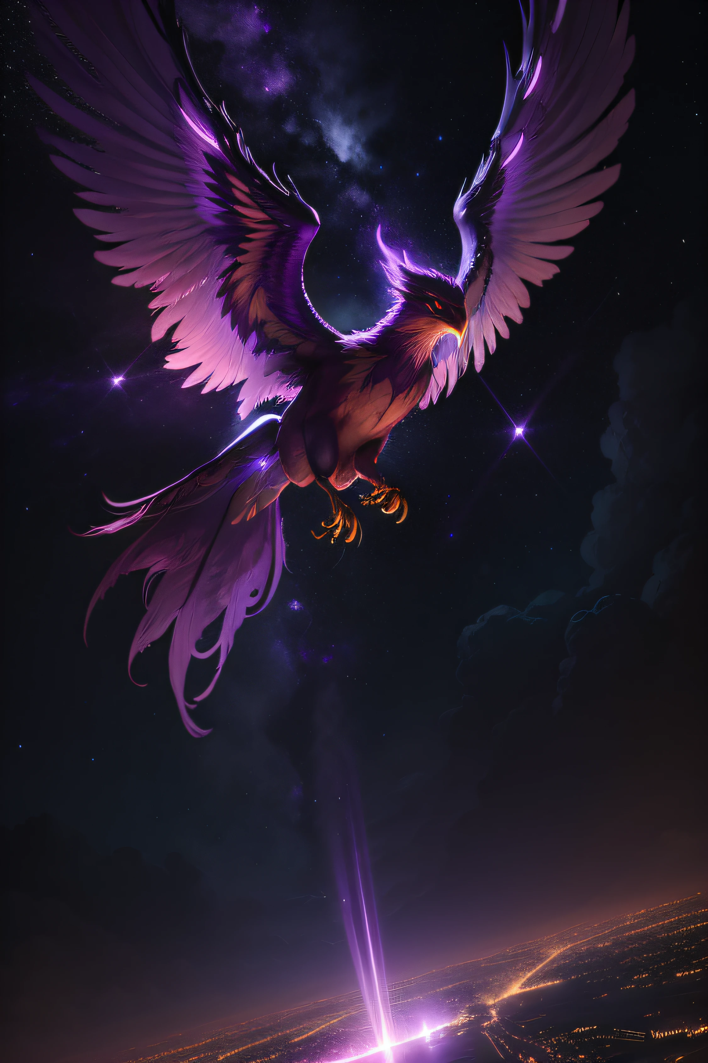 phoenix in the night sky, purple light, flashlights